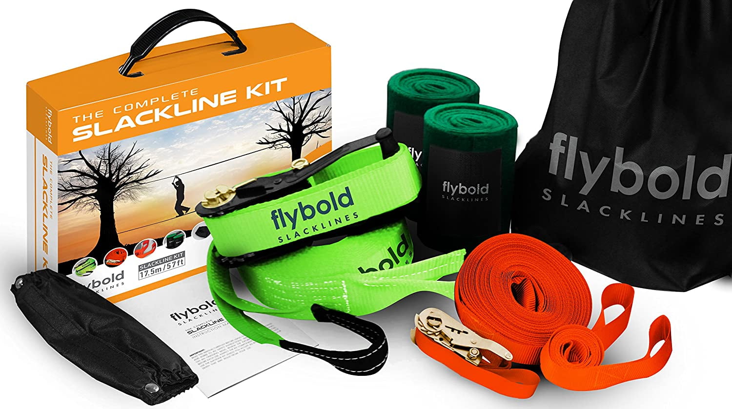 Flybold Slackline Kit - Complete Set with Training Line, Tree Protectors, Ratchet Protectors, Arm Trainer - 57 Feet