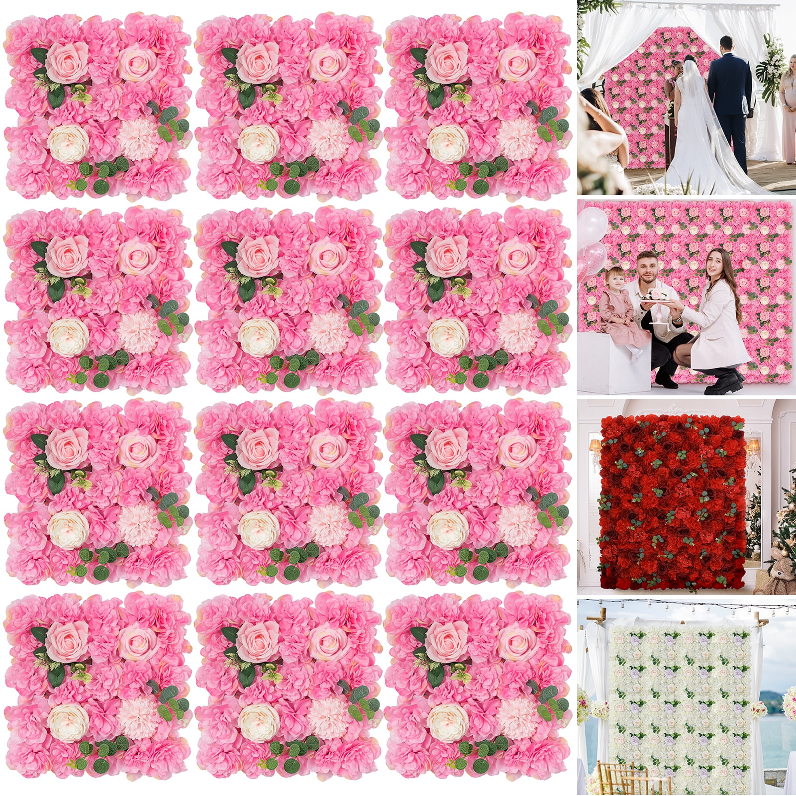 Flower Wall Panels Silk Floral Backdrop 12 Packs Pink Hydrangea Wedding Panel Fake Mat for Baby Shower Birthday Party Girl's Living Room Decoration