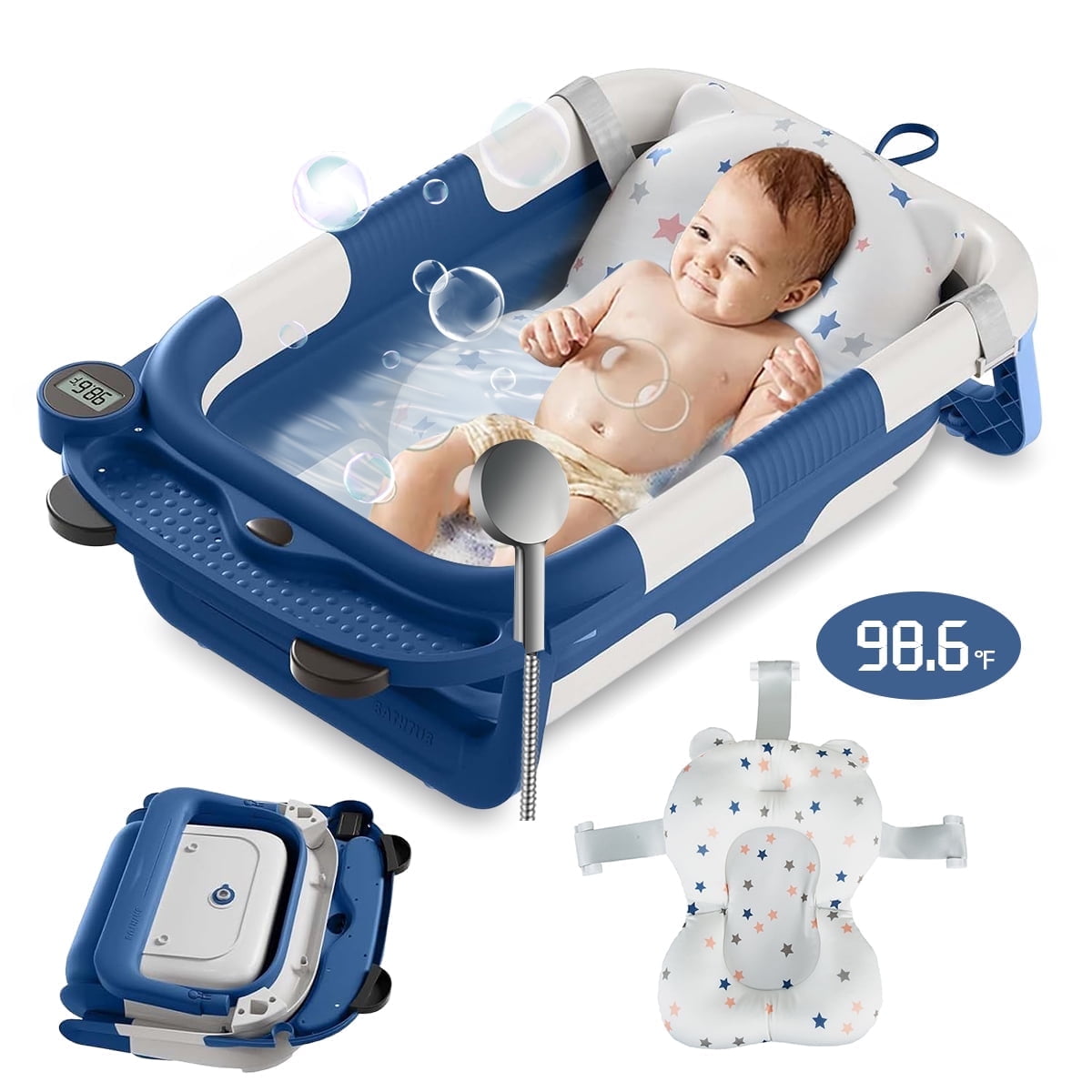 Foldable Baby Bathtub Portable Infant Baby Bath Tub with Thermometer and Shower Hole(Blue+ Pad)