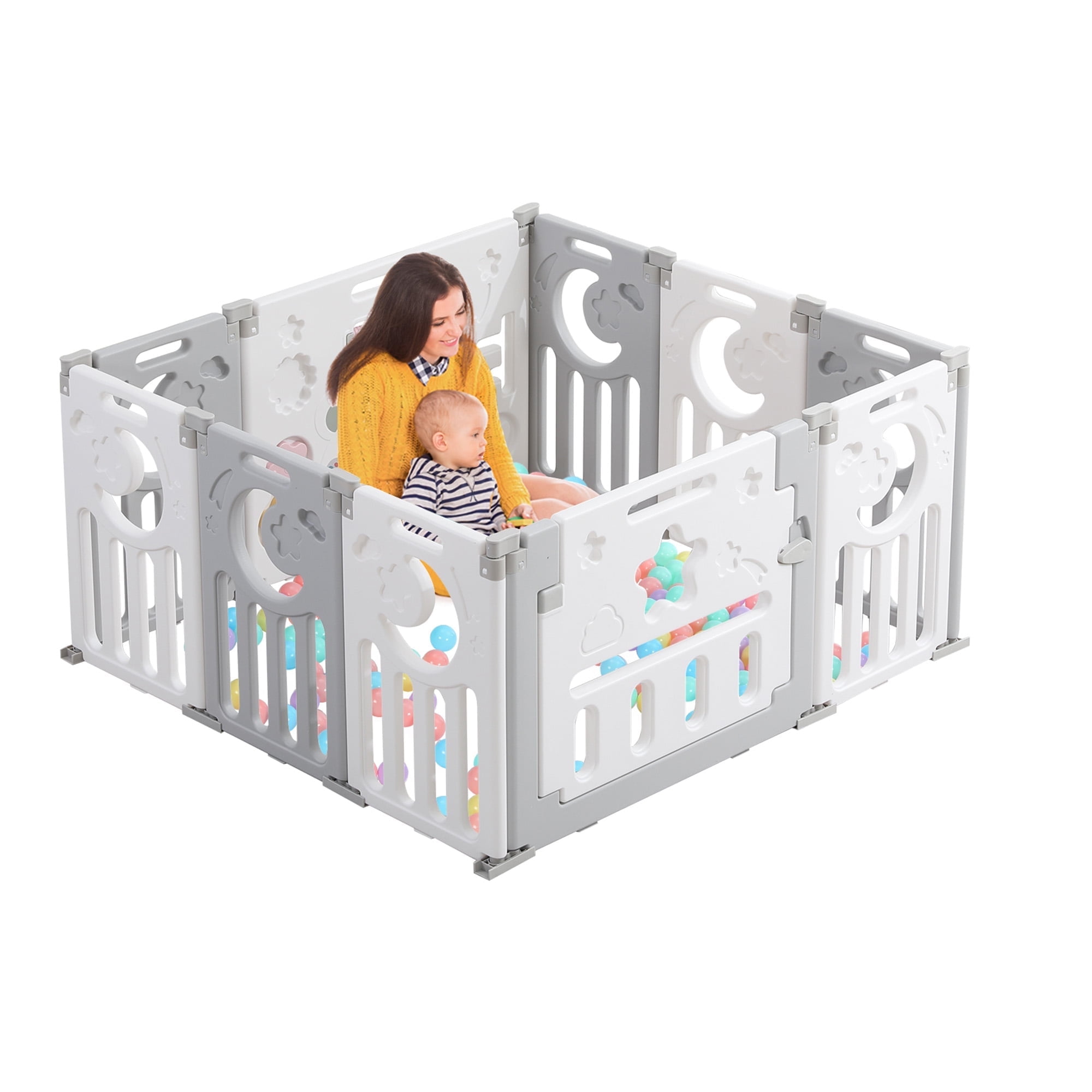 Foldable Baby Playpen,Kids 10 Panel Play Pen for Babies and Toddlers,13.75 Sq.ft Play Yard,Custom Shape Safety,Gray