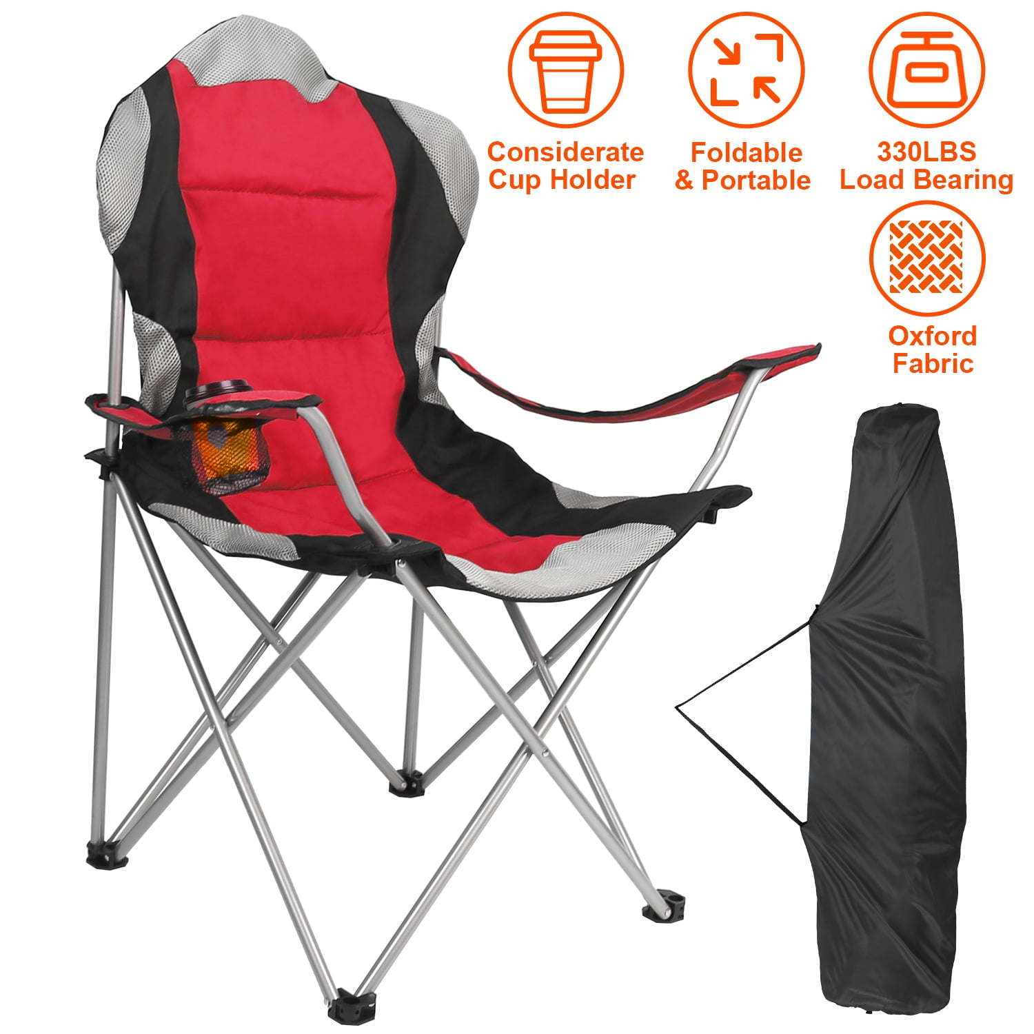 Foldable Camping Chair TeqHome Oversized Padded Heavy Duty Portable Quad Chair 330LBS Max Load with Carry Bag & Cup Holder Red and Gray