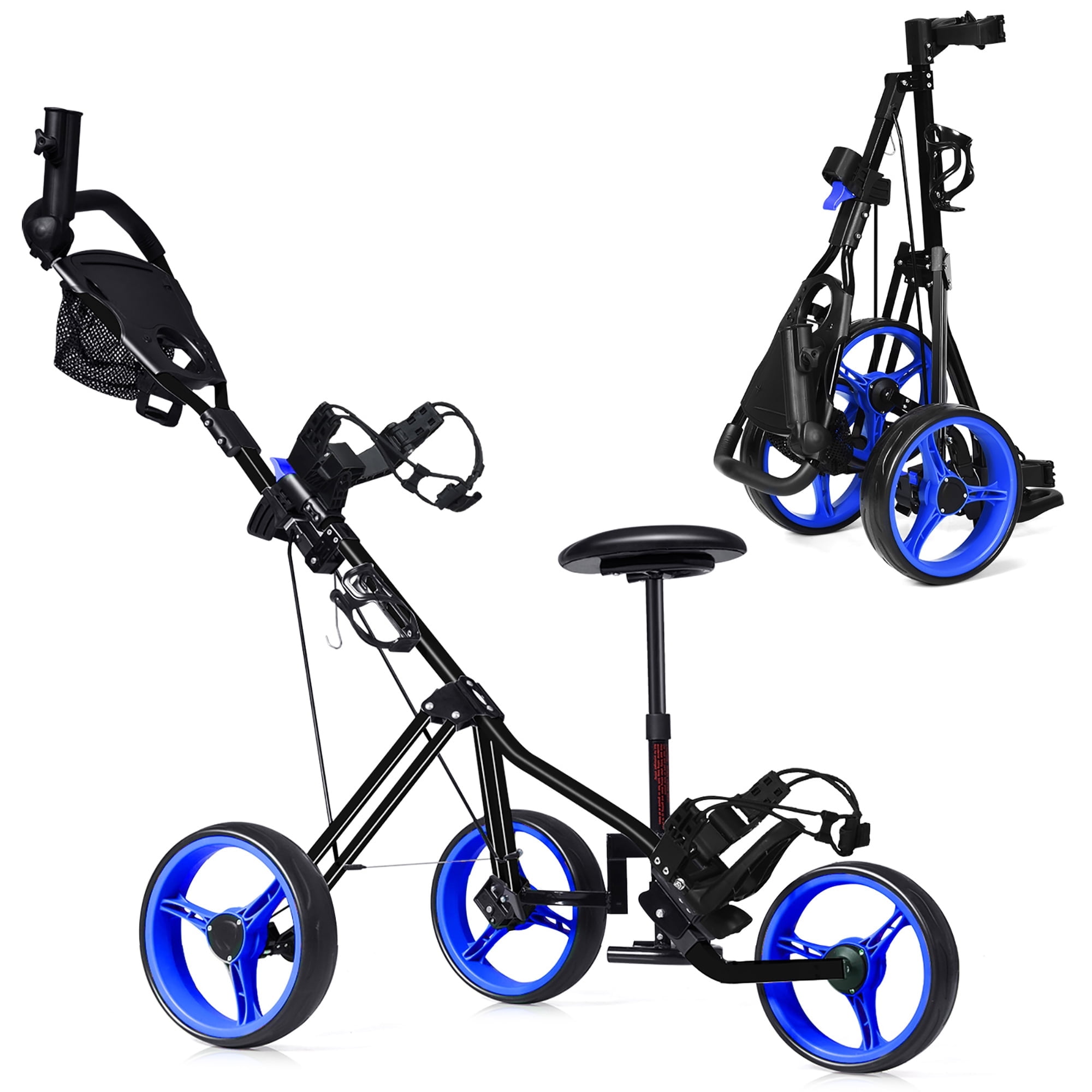 Foldable 3 Wheel Push Pull Golf Club Cart Trolley w/Seat Scoreboard Bag Blue