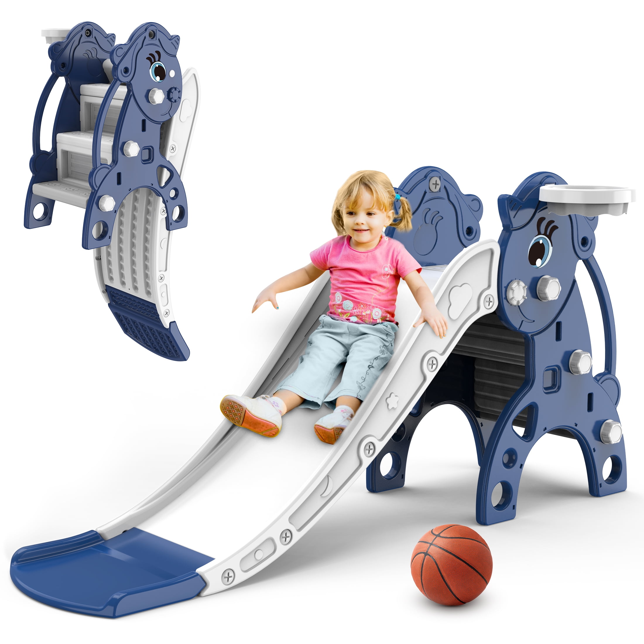 Foldable kids slide, toddler slide, compact multi-purpose family indoor and outdoor play equipment, toddler climbing slide with basketball stand, blue