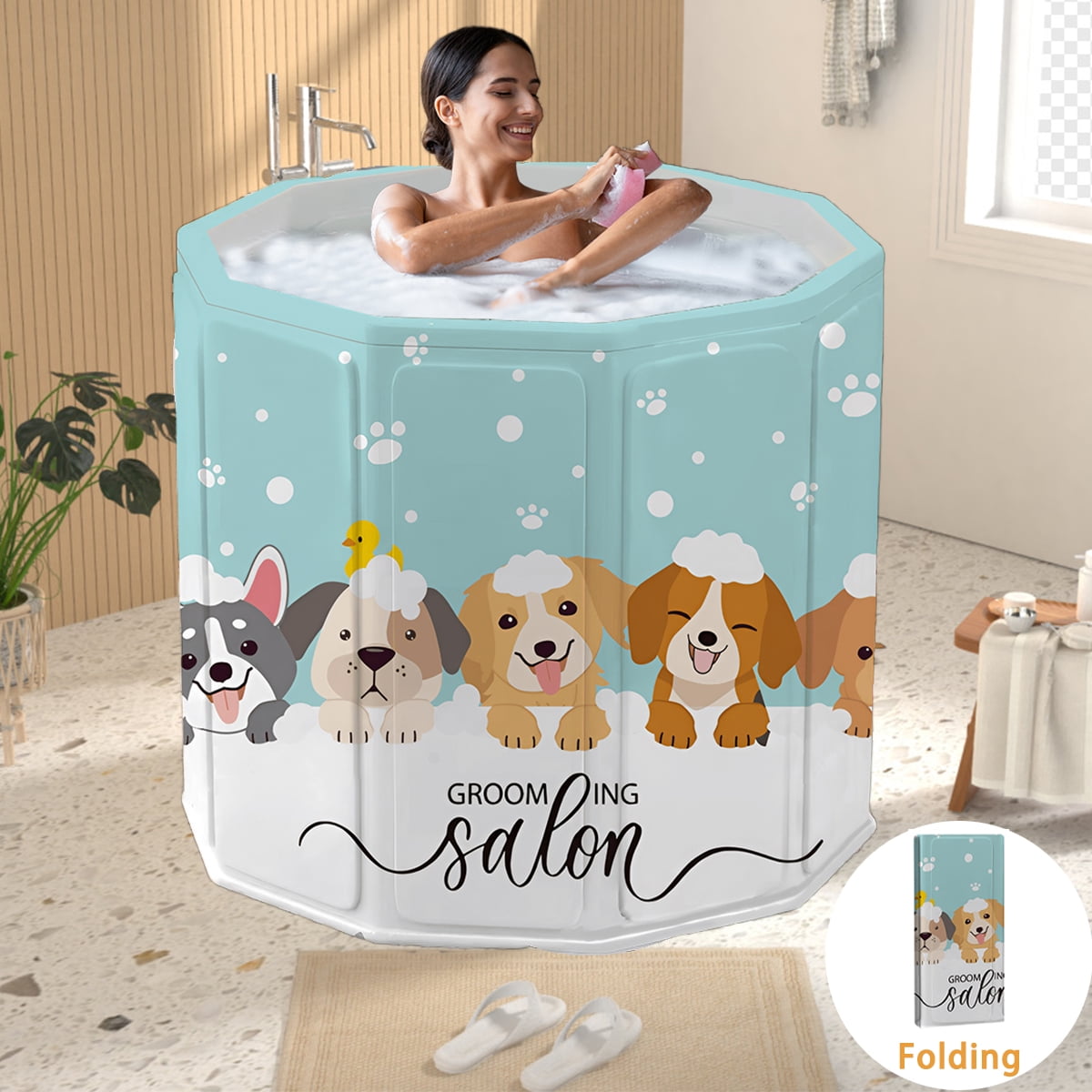 ANJORALA 28in Foldable Bathtub for Adult, Portable Hot Bath Ice Bath Tub for Bathroom, Blue