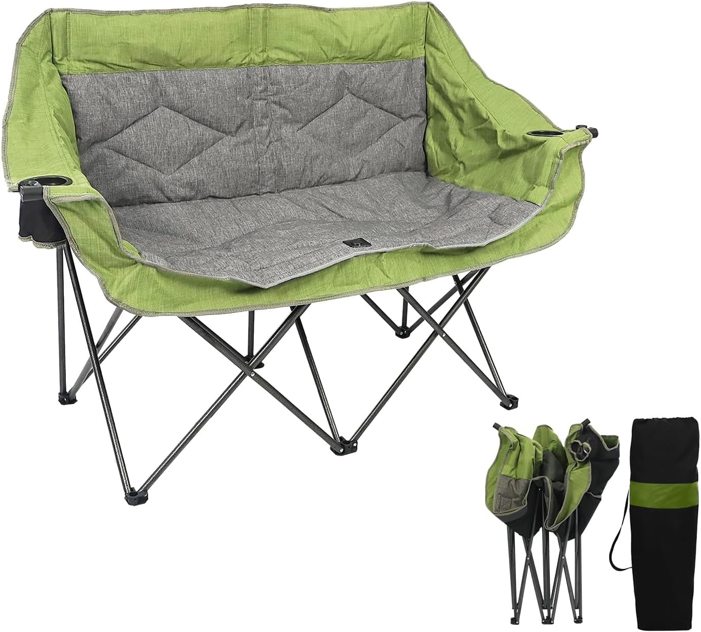 Folding Loveseat Camping Chair Portable Double Duo Full Padded Garden Chair for 2 Person Sofa w/ 2 Cup Holder,Wine Glass Holder,Mesh Storage,Support 600lbs for Picnic Beach Travel (Green)