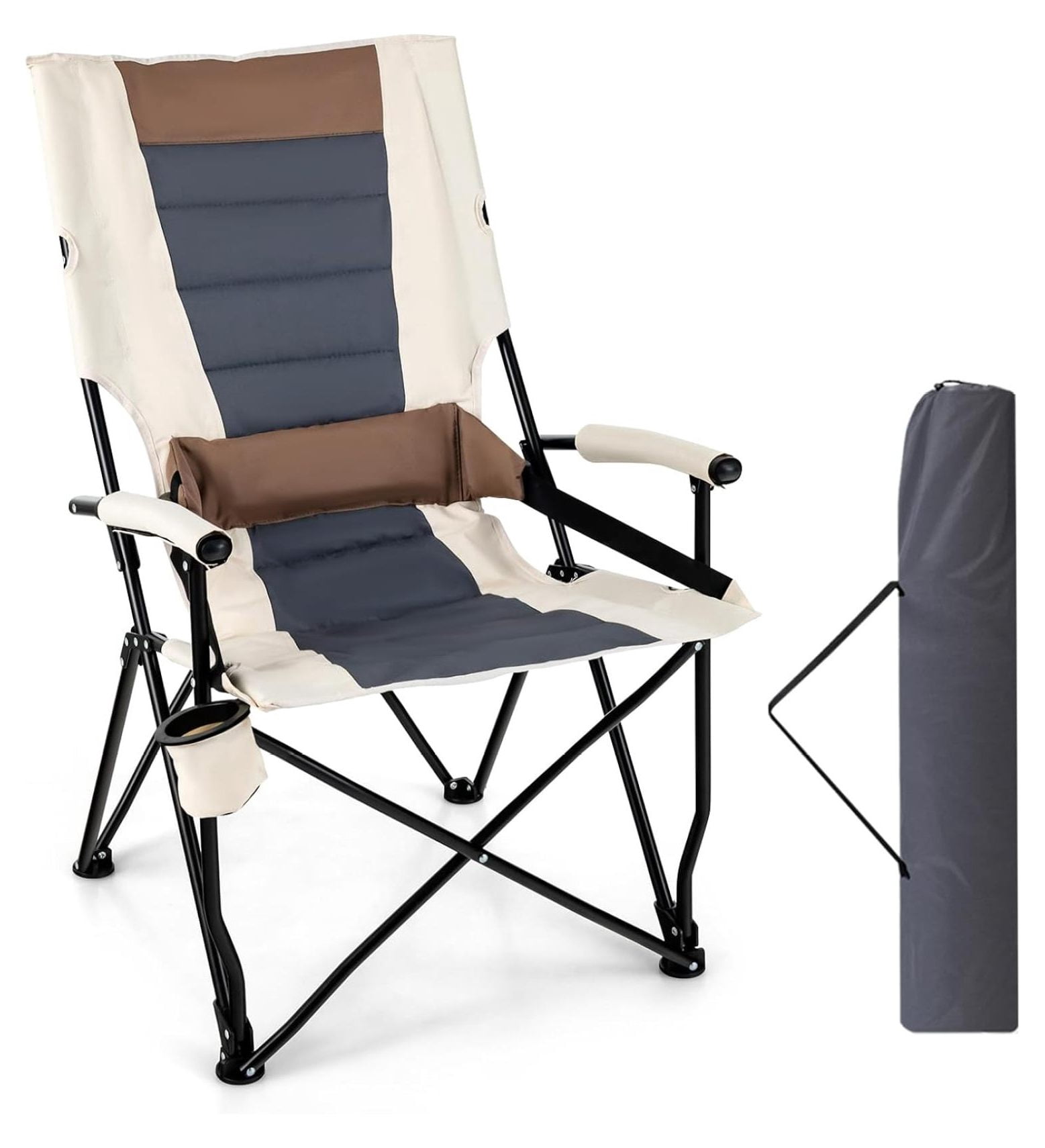 Folding Camping Chair, Portable Lightweight Camp Chair with Lumbar Support, Padded Seat, Carrying Bag, Cup Holder, Outdoor Lawn Chair for Yard Fishing Travel, No Assembly Needed
