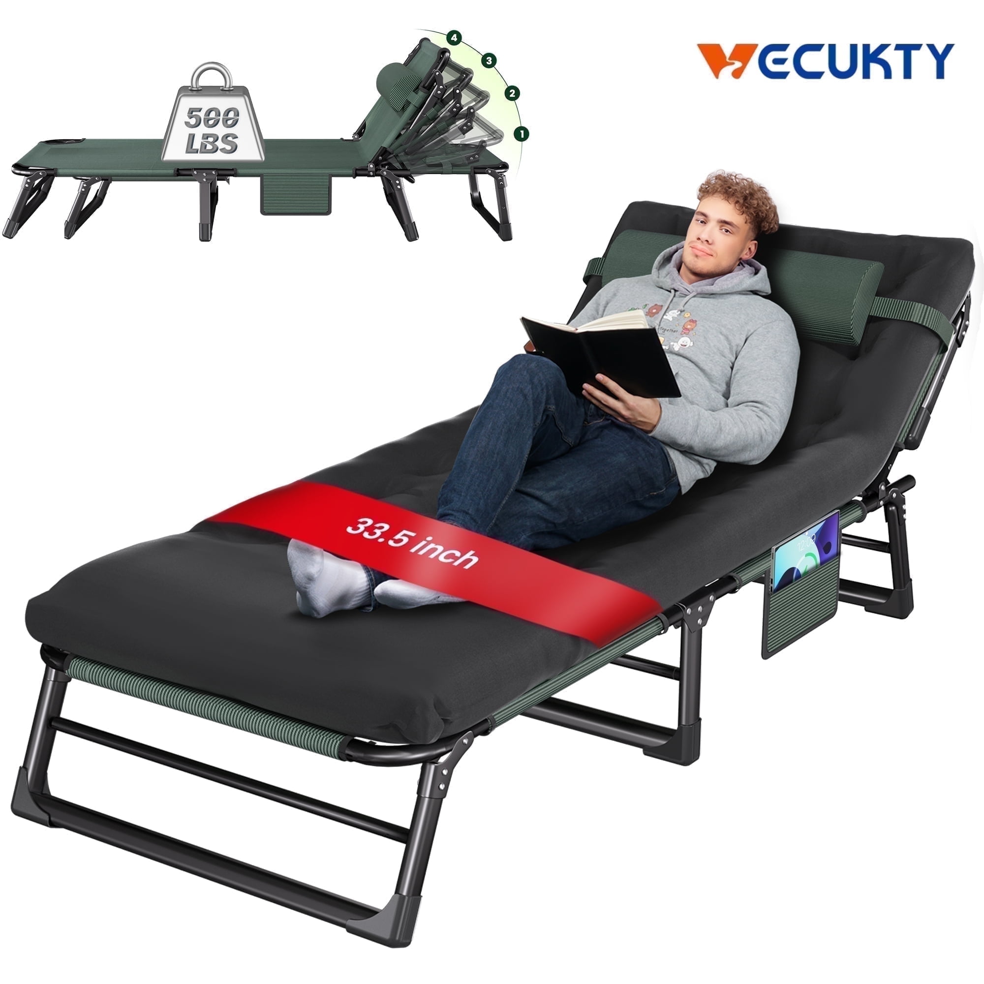 VECUKTY Foldable Camping Cot, 500lb Capacity Reclining Lounge Chair with Pillow, 4-Position Steel Frame, Oxford Fabric, for Outdoor and Travel
