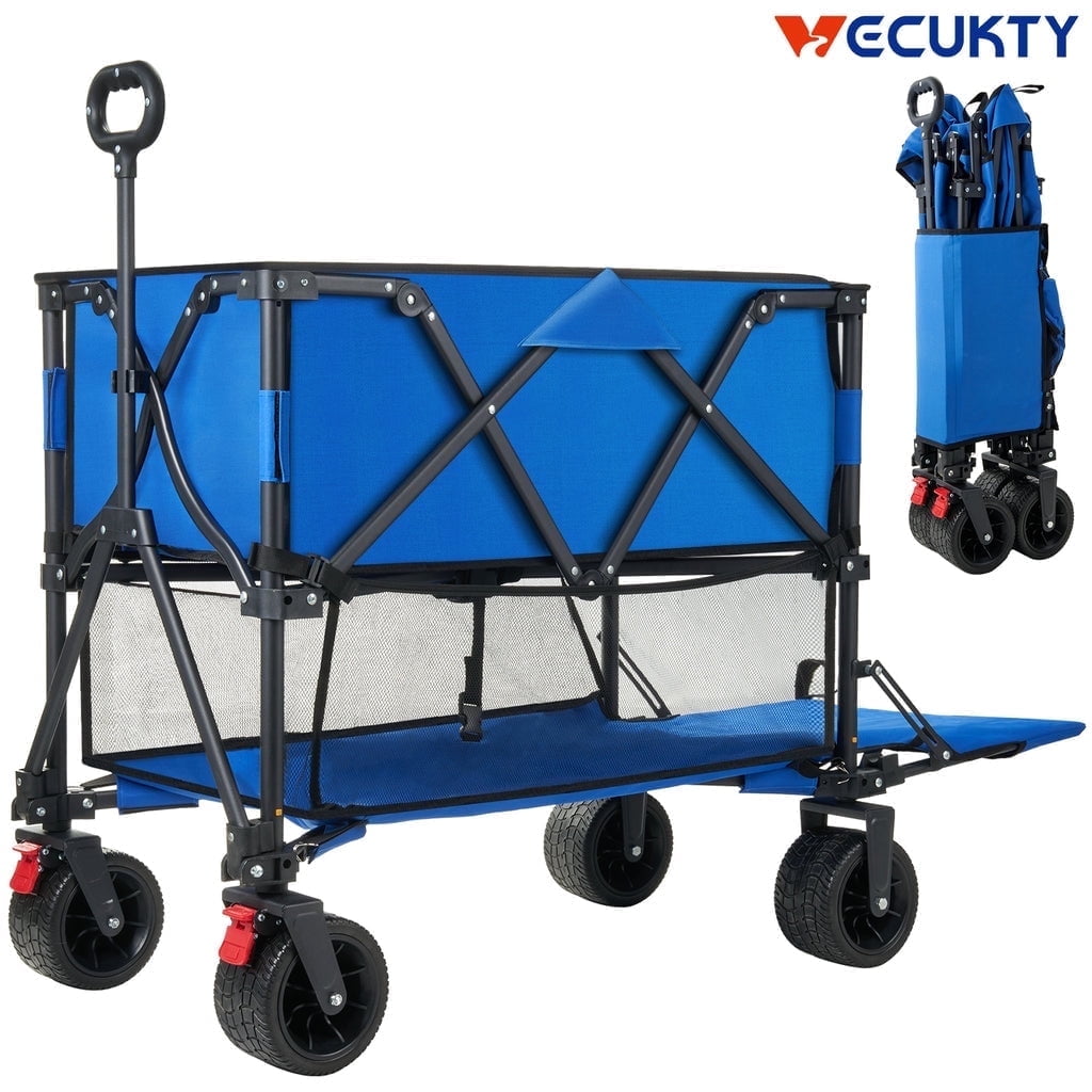 Folding Double Decker Garden Wagon, VECUKTY Heavy Duty Collapsible Camping Wagon Cart with 54" Lower Decker, All-Terrain Big Wheels Support Up to 500lbs, Blue