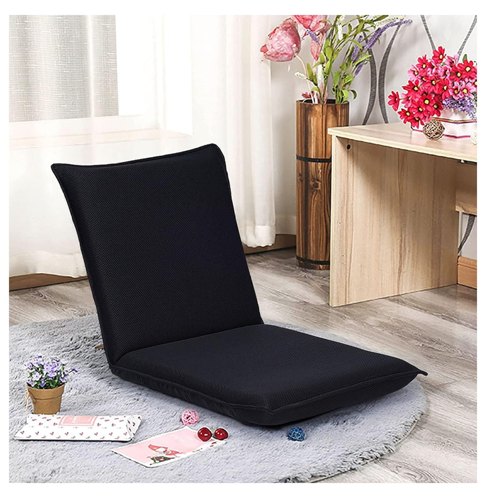Folding Floor Chair 6-Position Adjustable Meditation Chair Video Gaming Chair with Back Support for Reading TV Watching, Portable Floor Seat Lounge Sofa Chair for Kids Teens Adult, Black