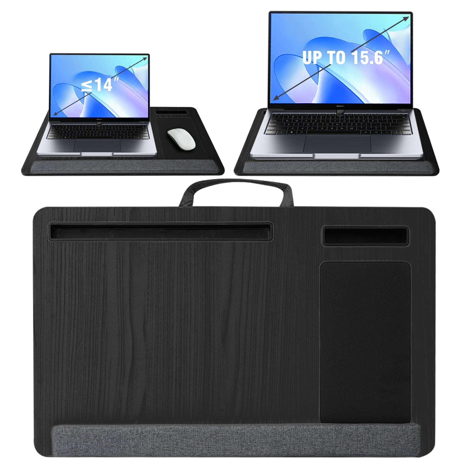 CATGOOD Portable Lap desk, Laptop Desk with Pillow, Wood Lapdesk Bed Table with Soft Pillow, Mouse Pad & iPad/Phone Slots, Fits up to 15.6 inches, Black