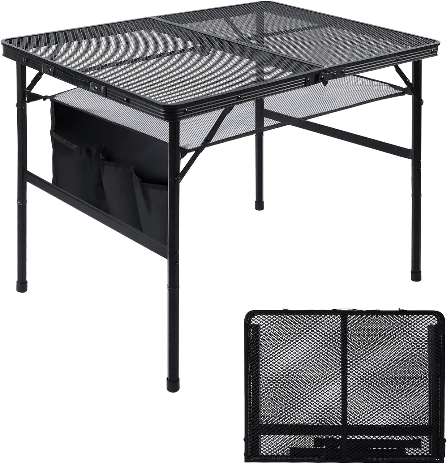 Folding Grill Table, Camping Table with Adjustable Height, Large Storage Bag and Carrying Bag, Portable Aluminum Table for Indoor & Outdoor Picnic BBQ Backyards Beach
