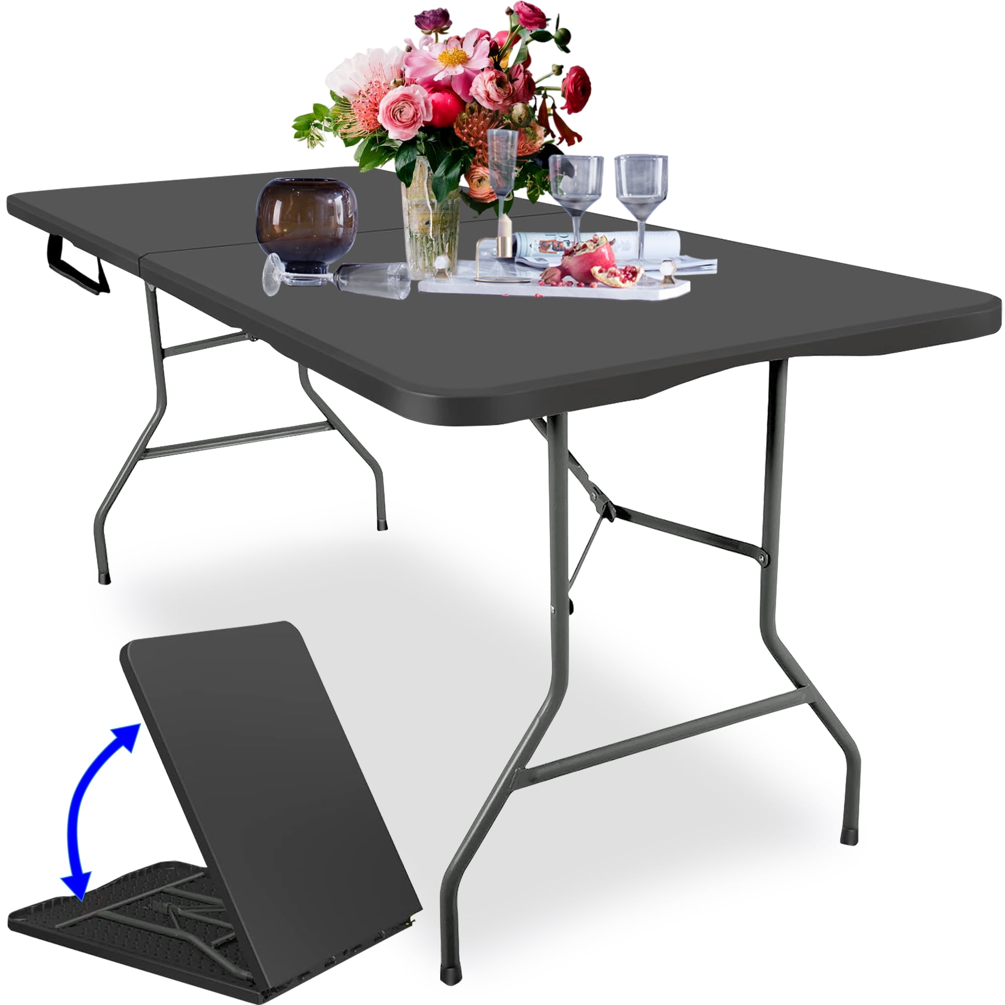 Folding Table 6 Foot, Heavy-Duty, Portable Plastic Construction with Carrying Handle – Perfect for Picnics, Parties, and Office Indoor Outdoor Use, Black