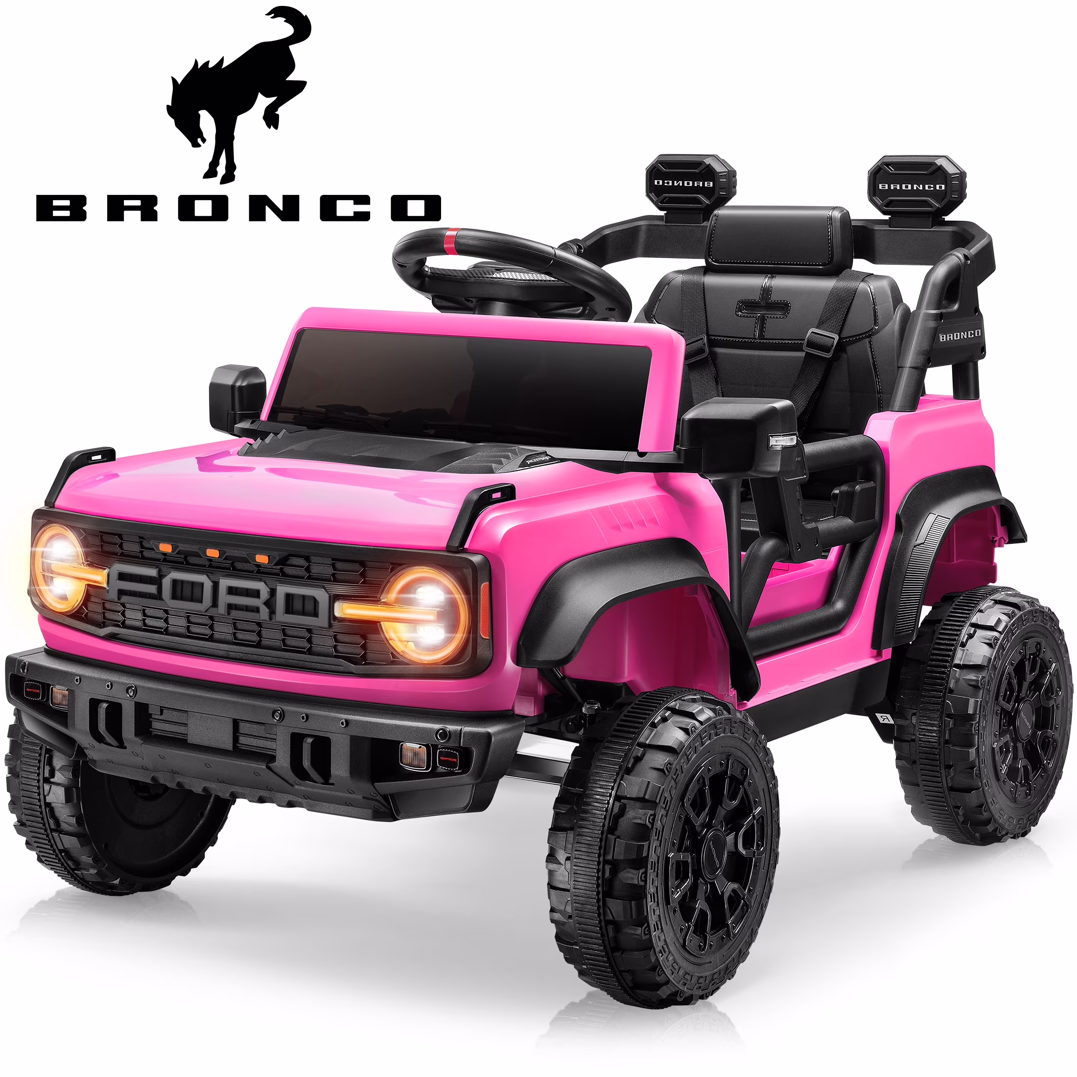 iYofe Ford Bronco Raptor Electric Ride on Toy Car for Toddler Kids, 12V Battery Powered Ride on Cars w/Remote Control, Bluetooth & Lights, Pink
