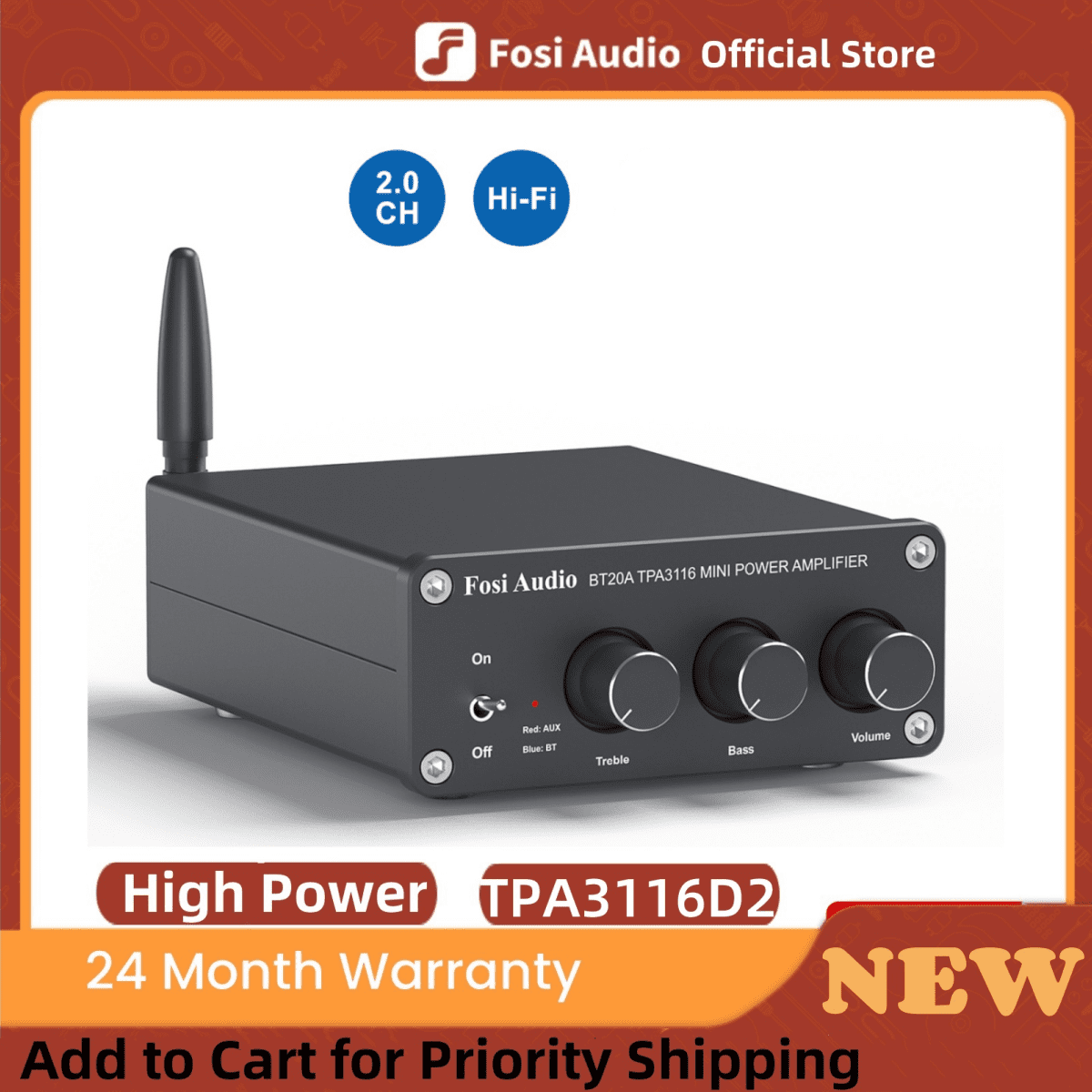 Fosi Audio BT20A Bluetooth Stereo Receiver, 2-Channel Home Audio Amplifier, 200W