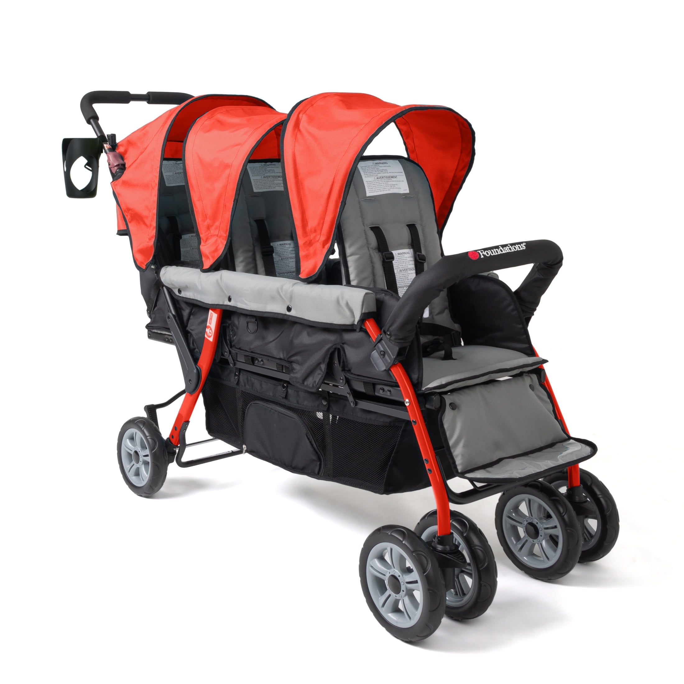 Foundations Compass Trio Triple Stroller, 3-Seat Tandem with UV Canopies and Reclining Seats, Red