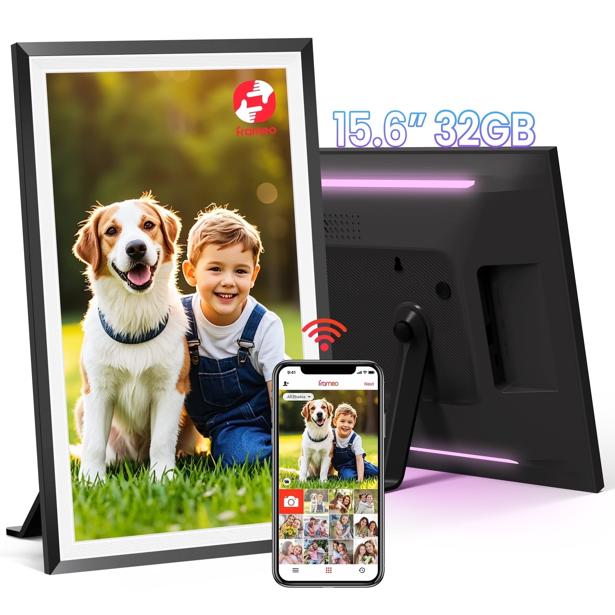 Frameo WiFi Digital Picture Frame with LED Light, 15.6" Smart IPS Touch Screen Photo Frame, Built-in 32GB Memory, Share Instant Photos Remotely, Support Wall Mount and Auto-Rotate, Best Gift Choice!