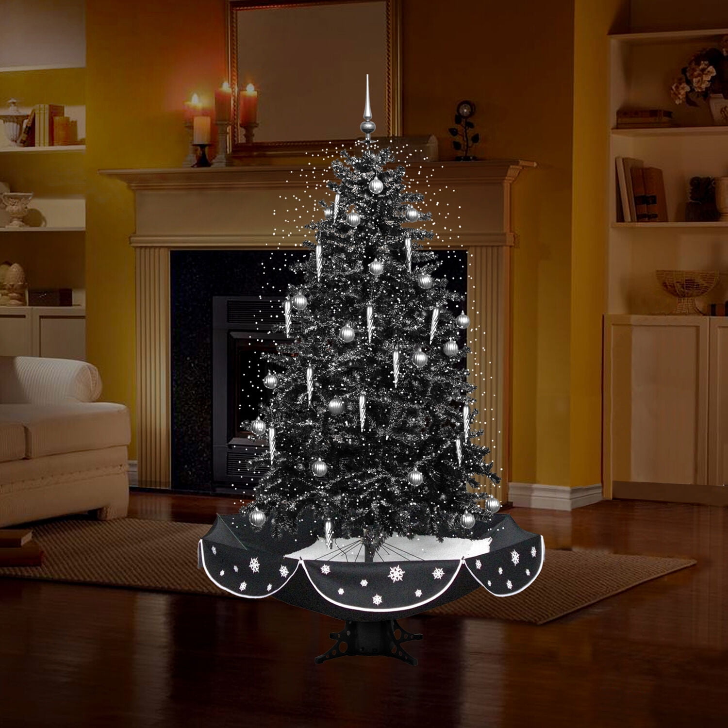 Fraser Hill Farm White Prelit LED Black Decorated Pine Musical Christmas Tree, with Umbrella Base 6.25'