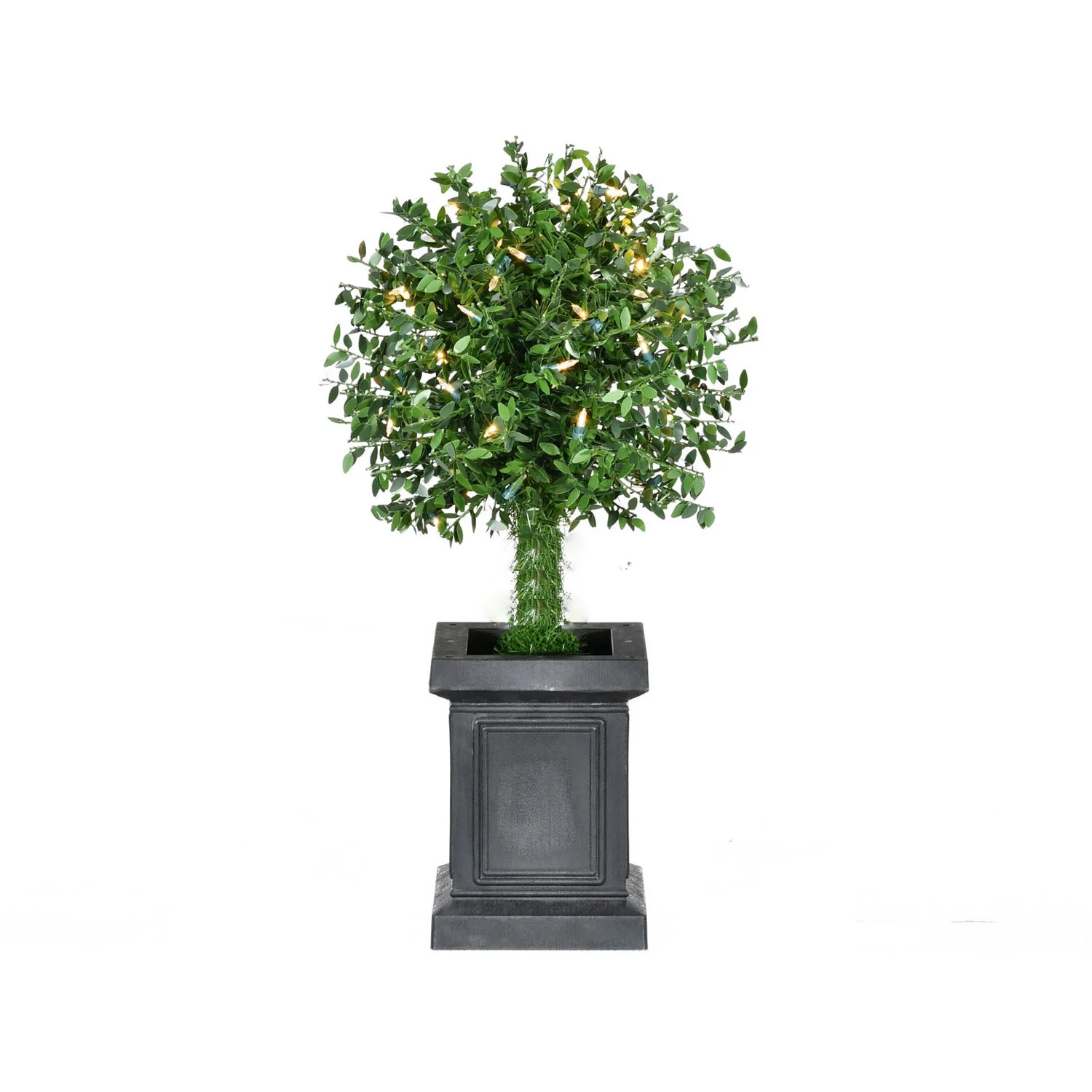 Fraser Hill Farm Boxwood Topiary in Black Pot, 24 Inches Tall | Includes Battery Operated Warm White LED Lights | Perfect Outdoor Decoration for Porches or Yards | FFBXPT024-5GR