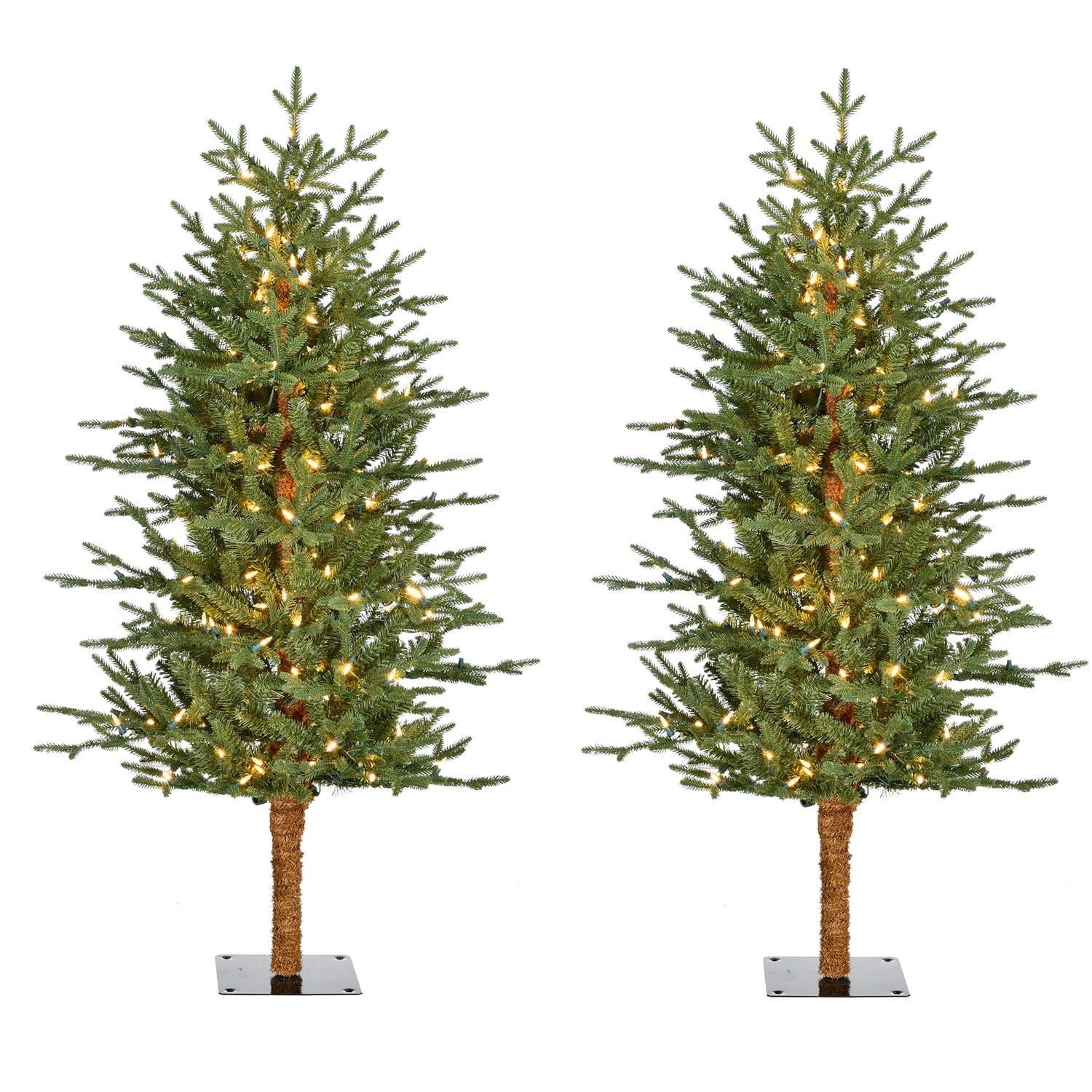 Fraser Hill Farm Green Alpine Porch Accent Trees, 4 Feet Tall | Set of 2 Trees | Artificial Trees with Warm White LED Lights Attached | Perfect Outdoor or Indoor Christmas Decor | FFAP040-5GR/S2