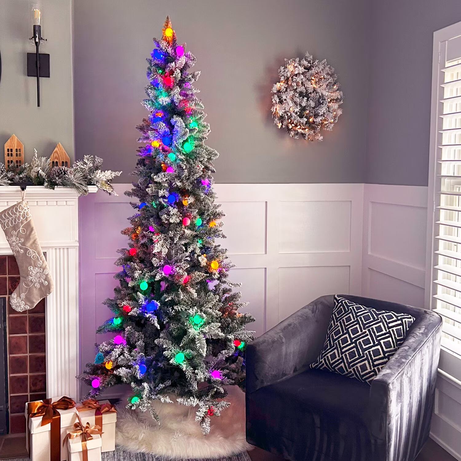 Fraser Hill Farm Prelit LED Multicolor Flocked White Tail Pine 7.5-ft. Christmas Tree, FFWT075-6SN