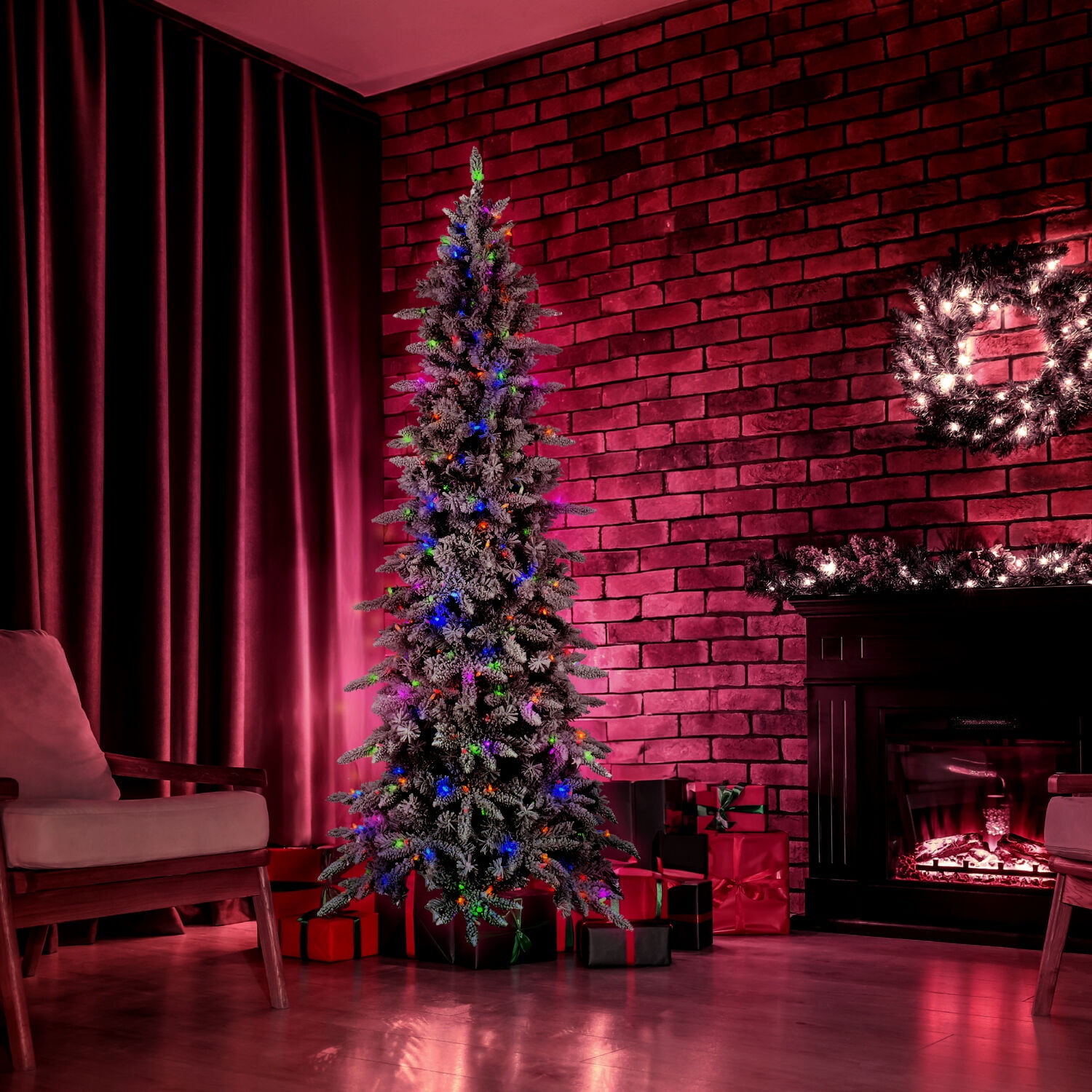 Fraser Hill Farm Prelit LED Multicolor 9-ft Mountain Pine Artificial Slim Christmas Tree