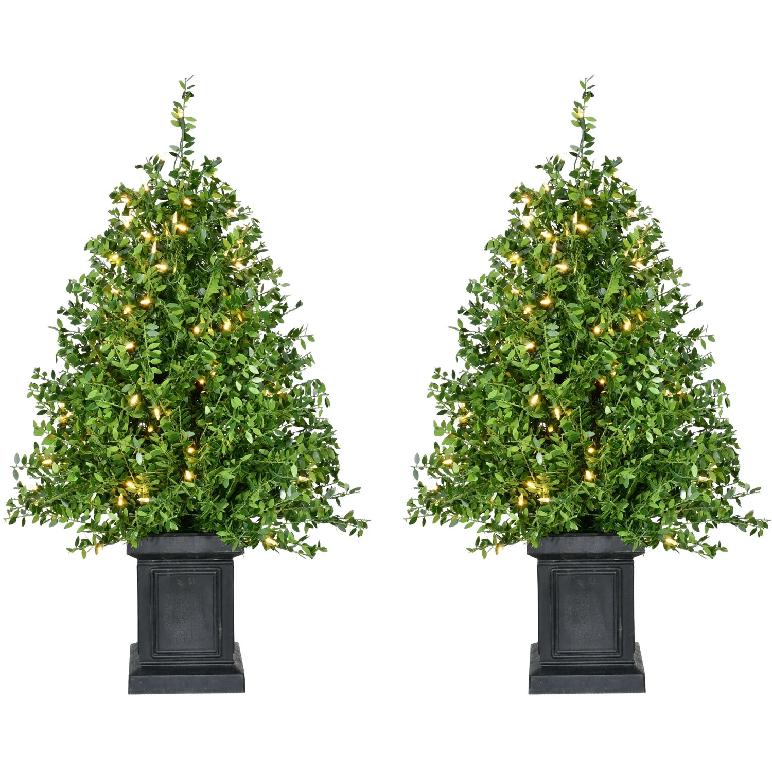 Fraser Hill Farm 2-Ft. Boxwood Porch Tree in Black Pot with Warm White Lights, Set of 2, FFBXPT024-5GR1/S2