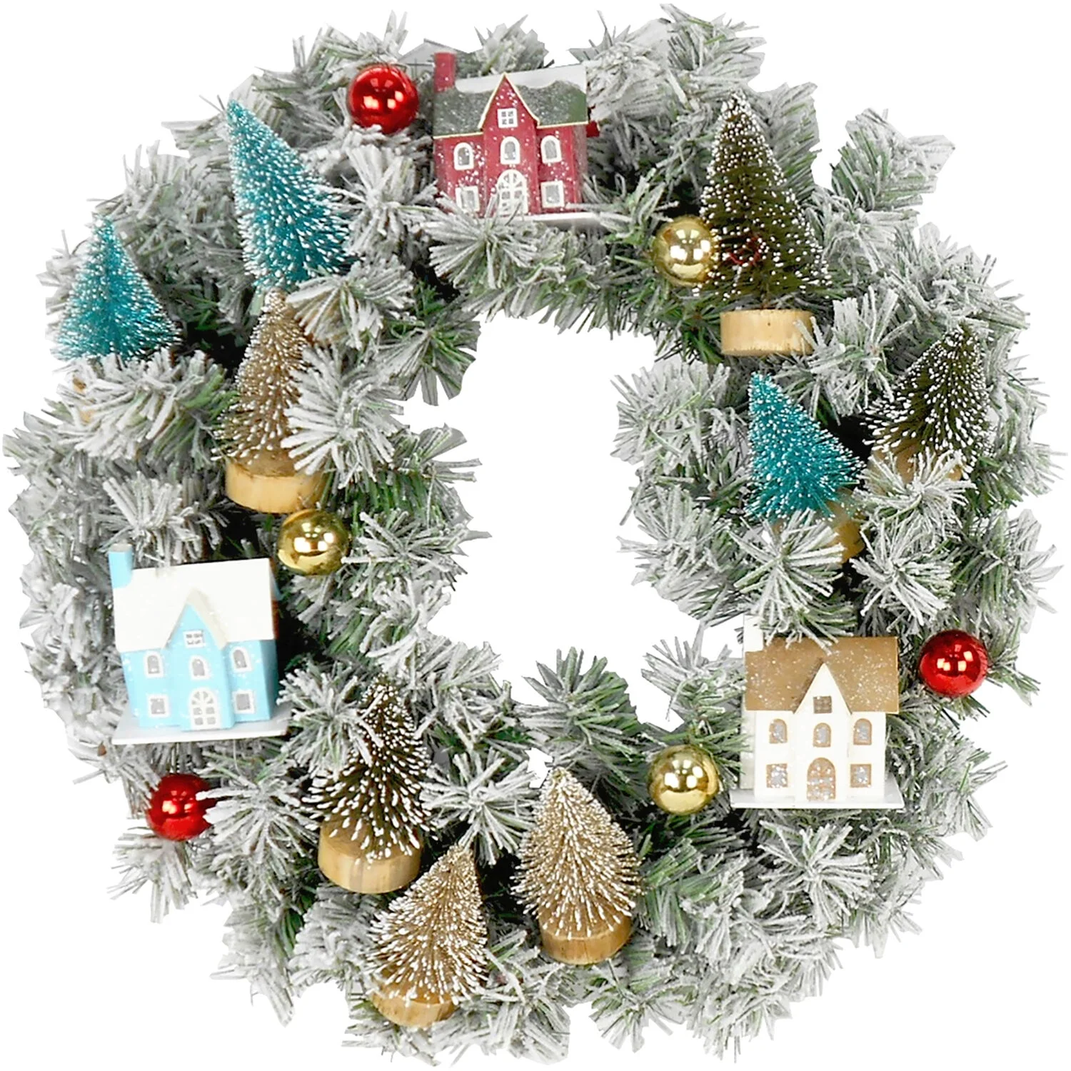 Fraser Hill Farm 24-in. Christmas Snowy Wreath Door Hanging with Ornaments, Wood Houses, Green