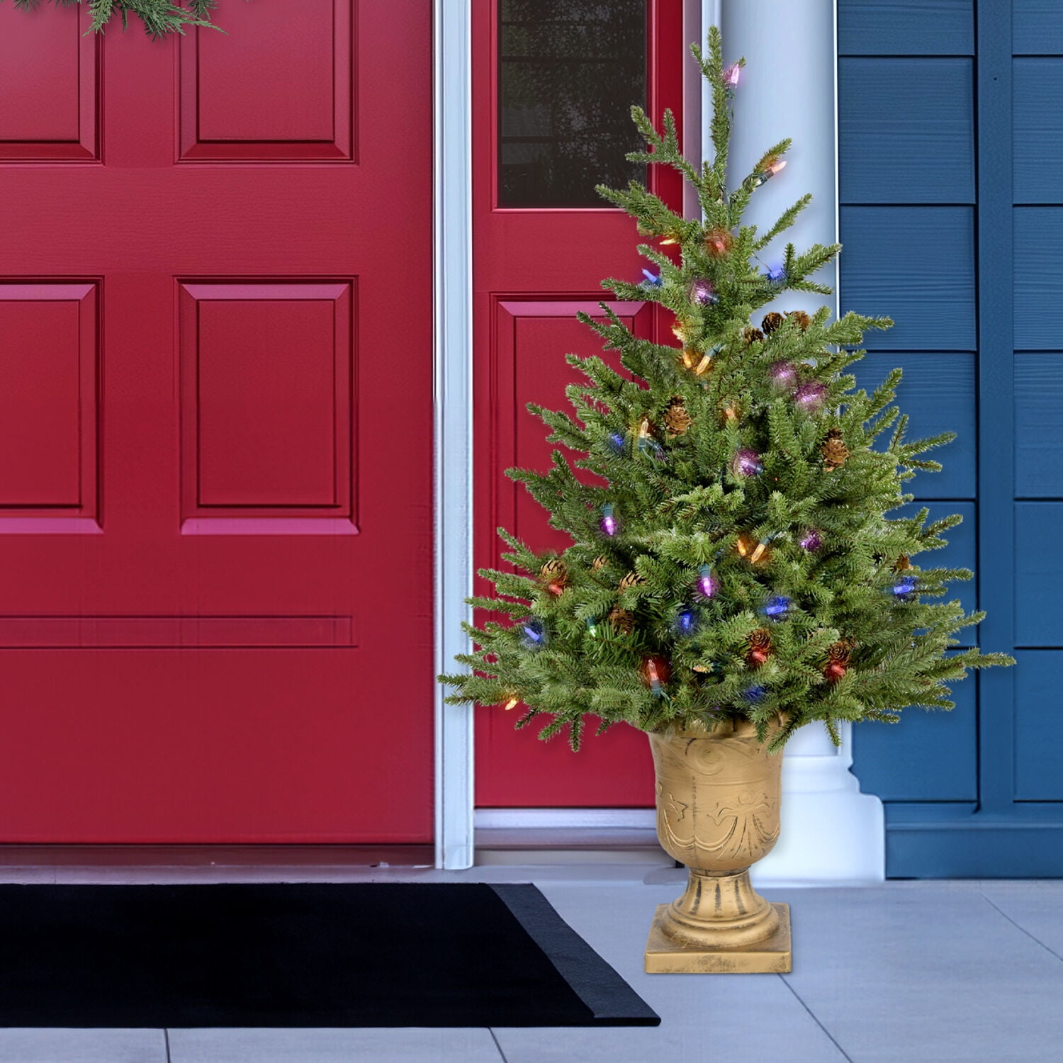 Fraser Hill Farm 3-Ft. Noble Fir Artificial Tree with Metallic Urn Base and Battery-Operated Multi-Colored LED String Lights, FFNF042-6GRB