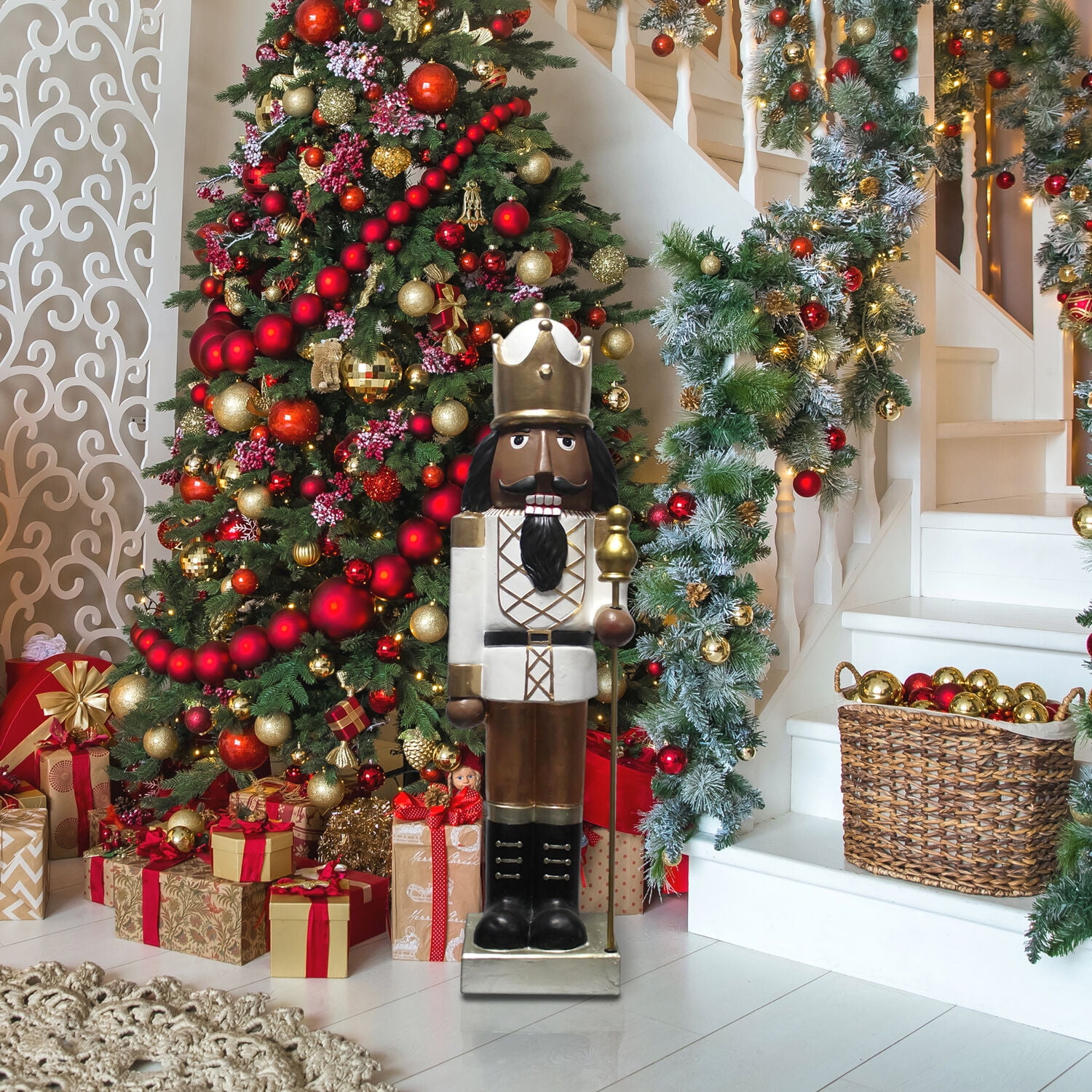 Fraser Hill Farm 48-In. African American Nutcracker Holding Staff MGO Figurine, Festive Indoor Christmas Holiday Decorations, White/Gold, FFMG048-0NC-GLDAA