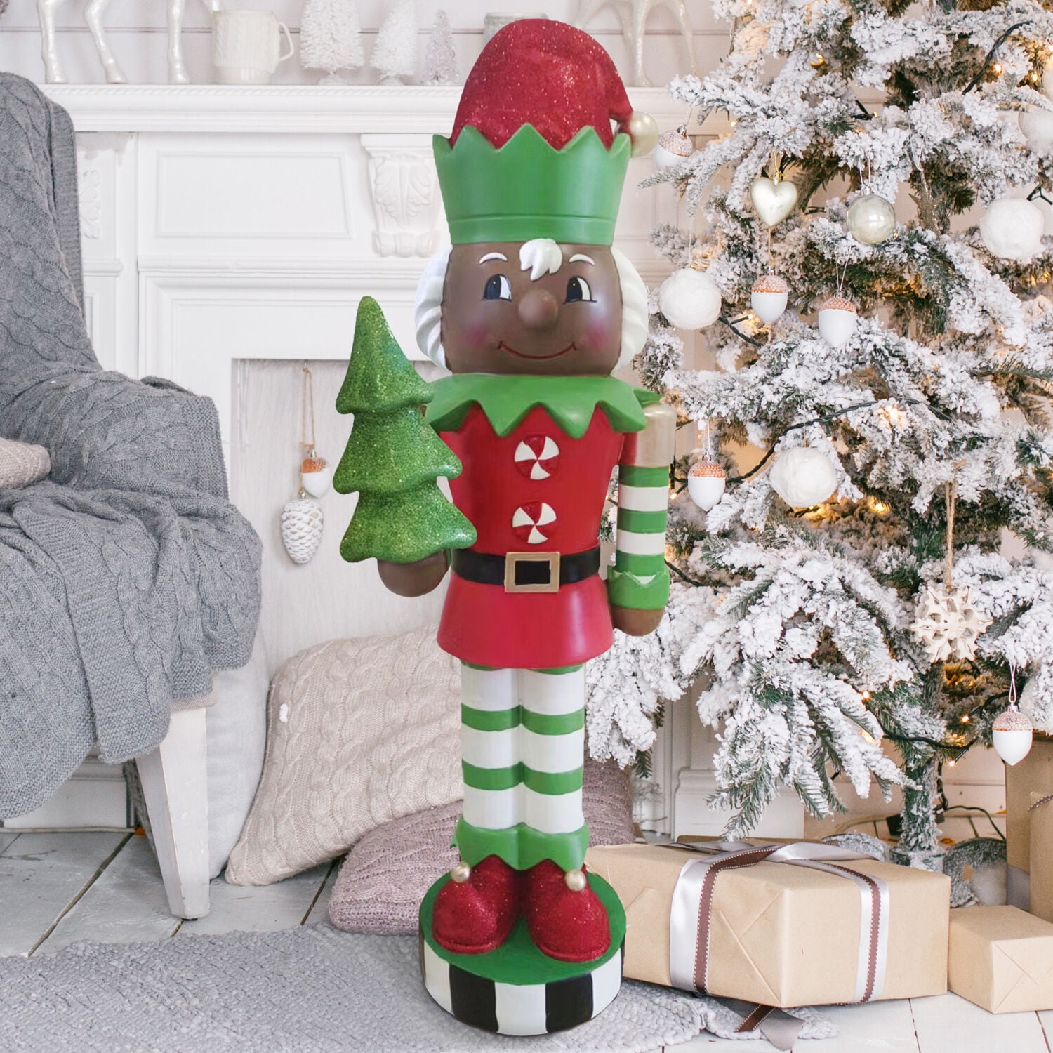 Fraser Hill Farm 48-inch African American Elf Nutcracker Figurine Holding Tree in Red/Green, FFMG048-0ELF-MLTAA