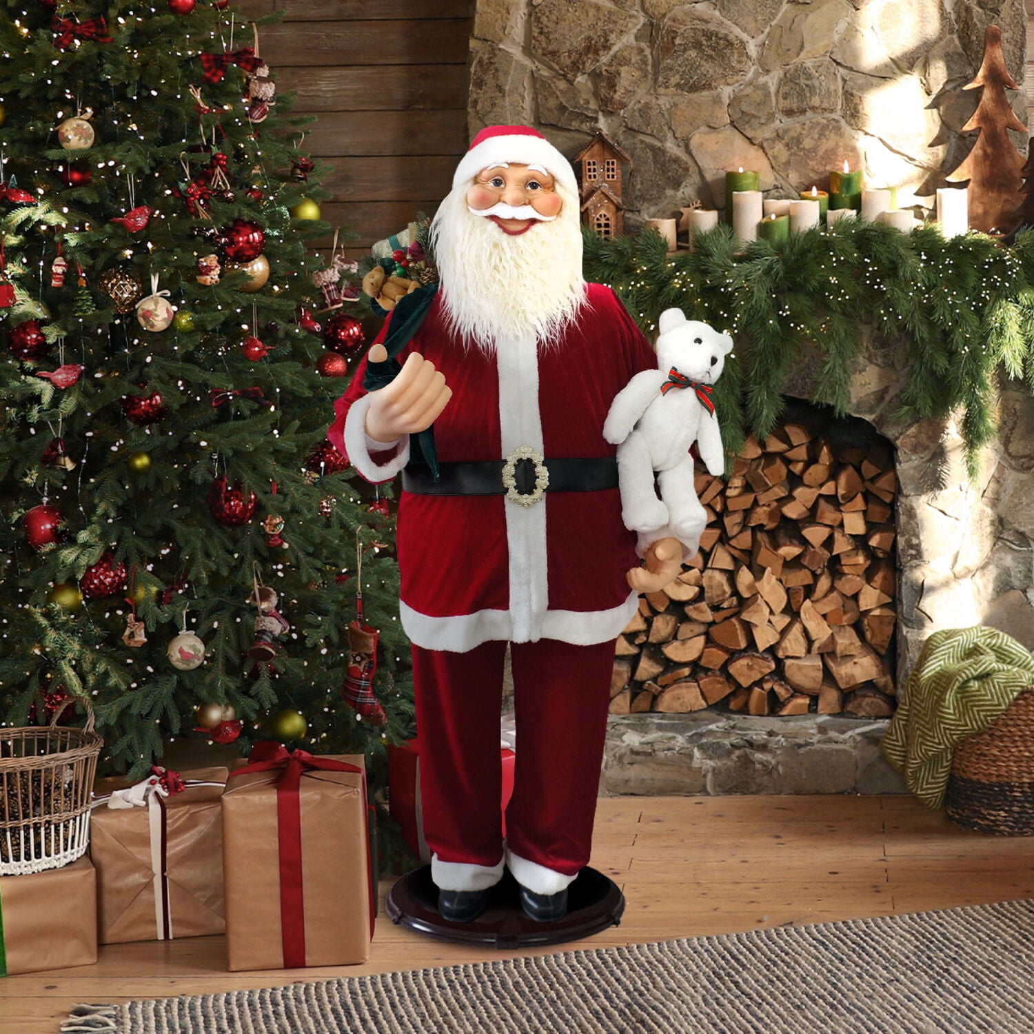 Fraser Hill Farm 4.8 ft Life-Size Dancing Santa Claus with Teddy Bear and Toy Sack Animatronic Figurine, FASC058D-14RED