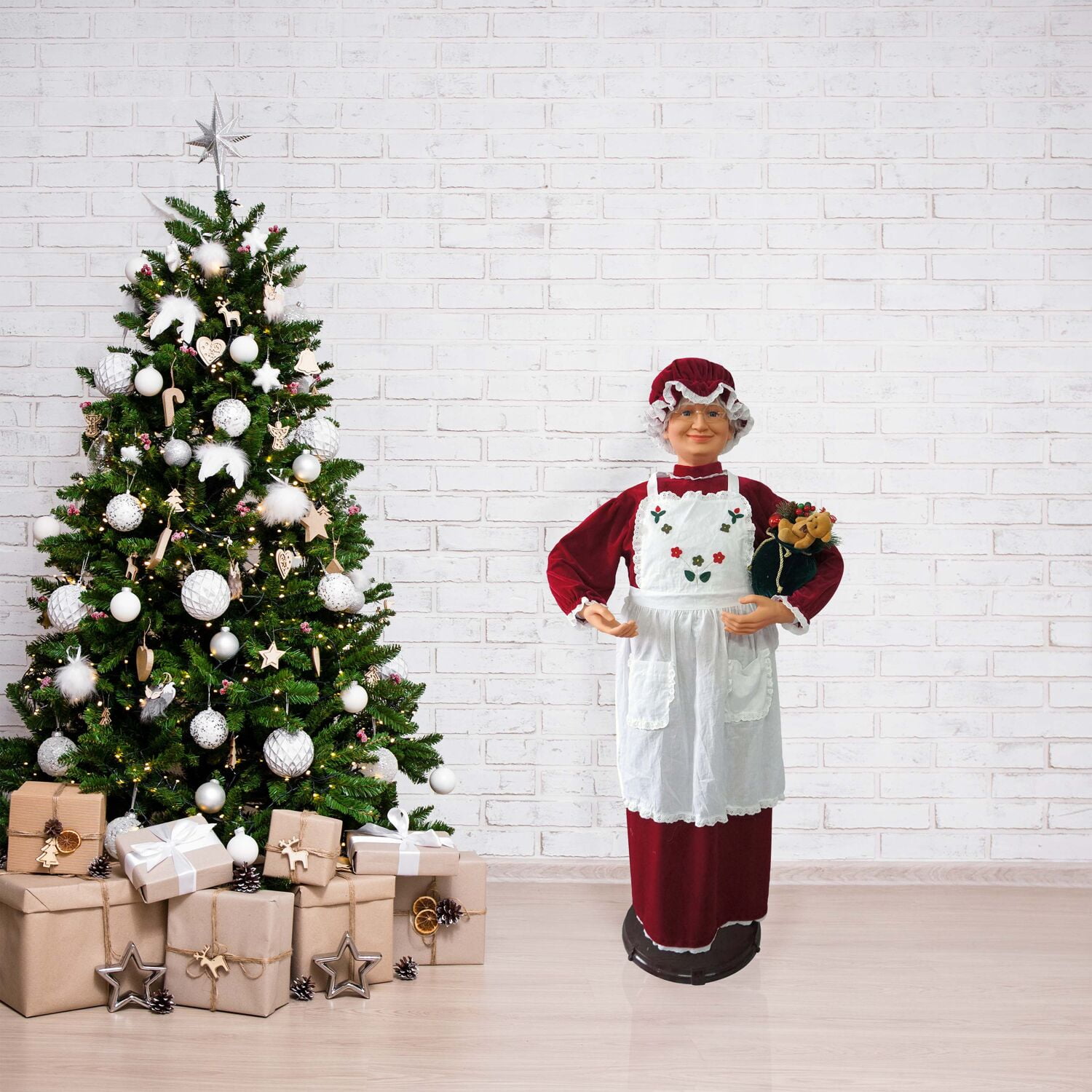Fraser Hill Farm 58 in. Red Dancing Mrs. Claus Figurine Decoration with Apron Animatronic