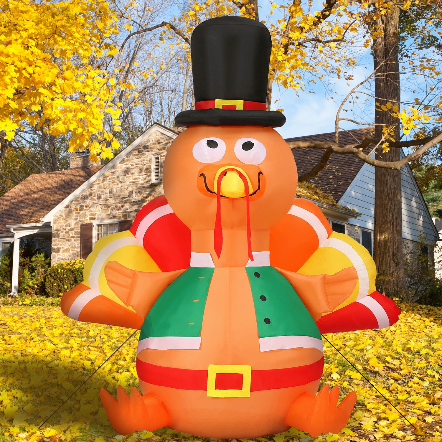 Fraser Hill Farm 6 Ft. Inflatable Thanksgiving Turkey with LED Lights, Festive Holiday Blow-Up Decorations, Blower, Ropes, and Stakes Included, FHHTURKY061-L