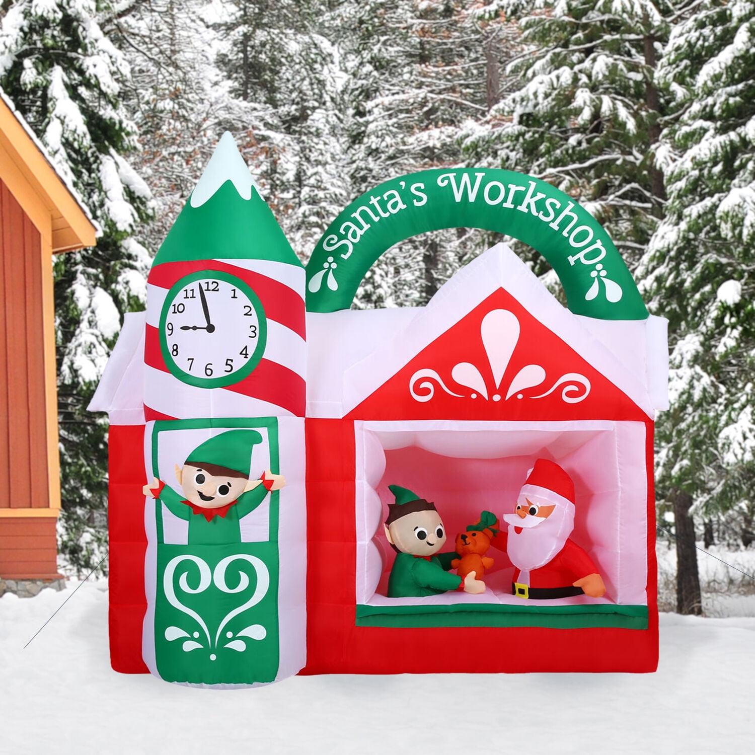 Fraser Hill Farm 7 ft Pre-Lit Inflatable Santa's Workshop, FHFSNTWRKSP071-L