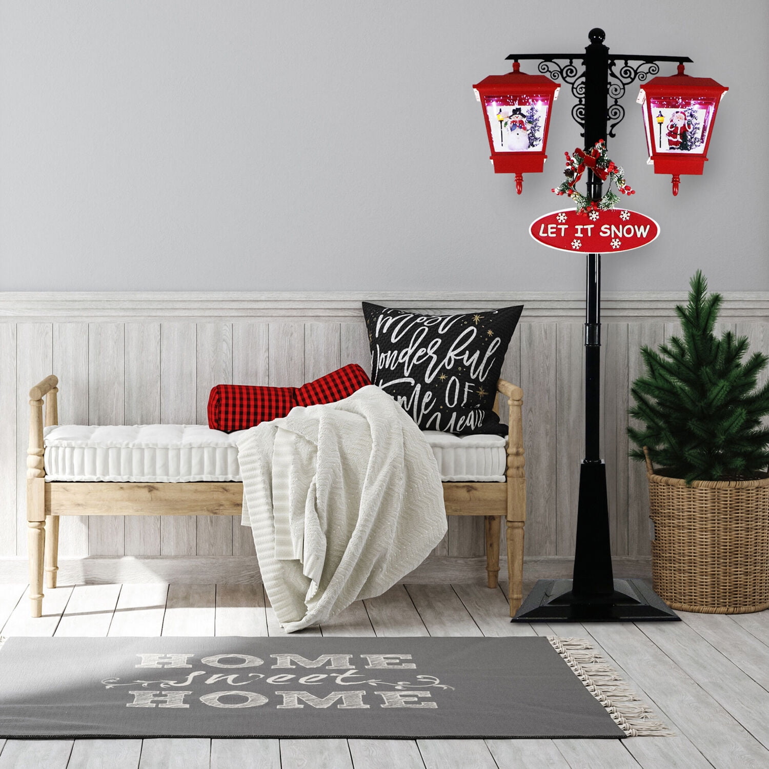 Fraser Hill Farm 71" Double Musical Lamp Post with 2 Red Lanterns and Snow Function