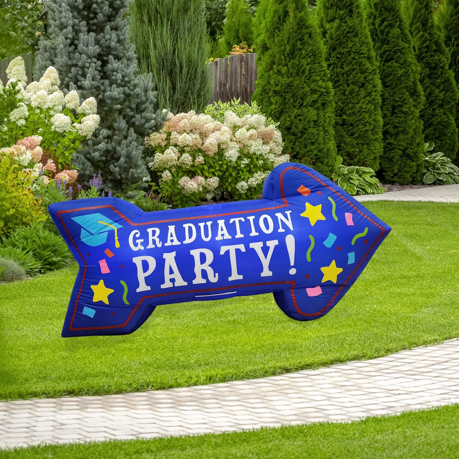 Fraser Hill Farm 8-Ft. Wide Graduation Party Arrow | Outdoor Blow-Up Inflatable with Lights | FHINGDPRTY081-L