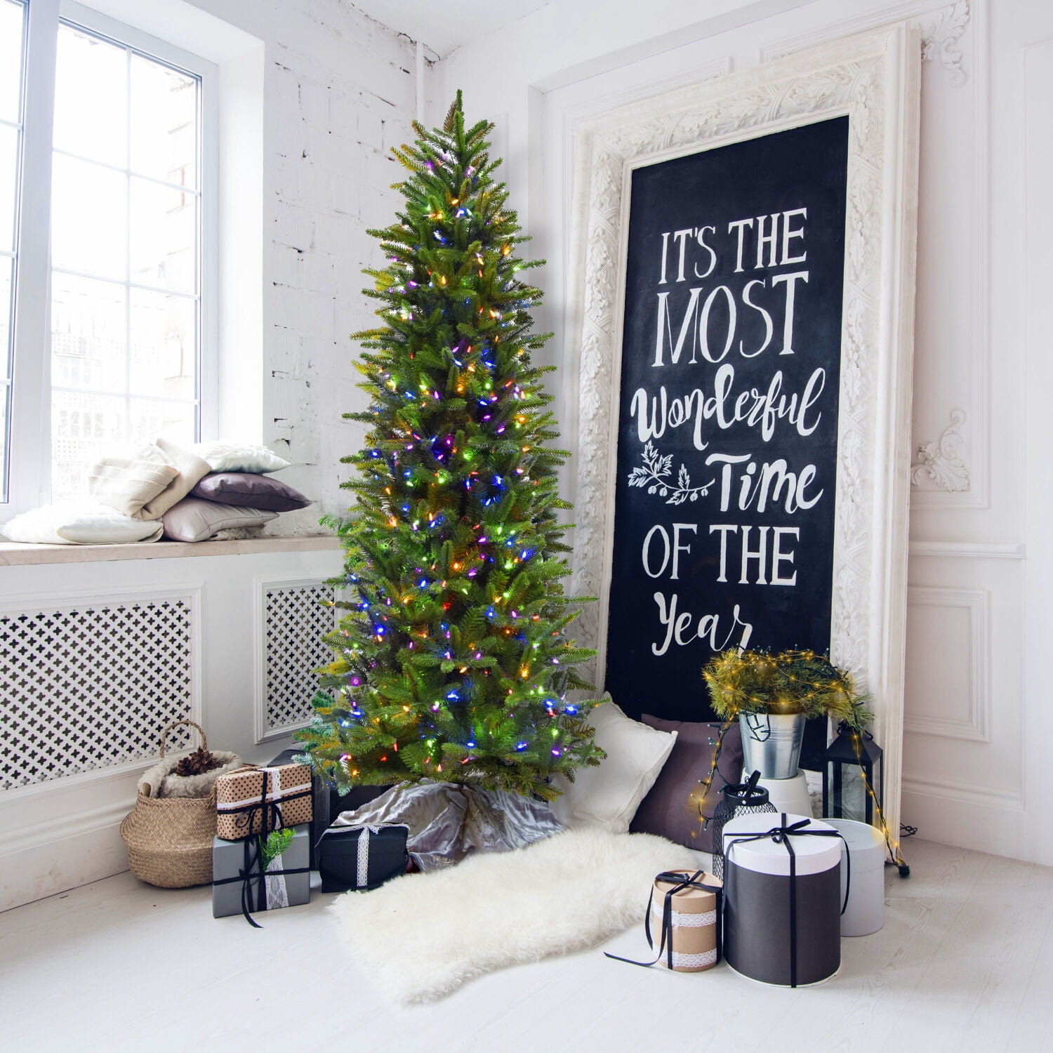 Fraser Hill Farm 9-Ft. Carmel Pine Slim Artificial Christmas Tree with Dual Multicolor & Warm White LED Lights, FFCP090-6GR