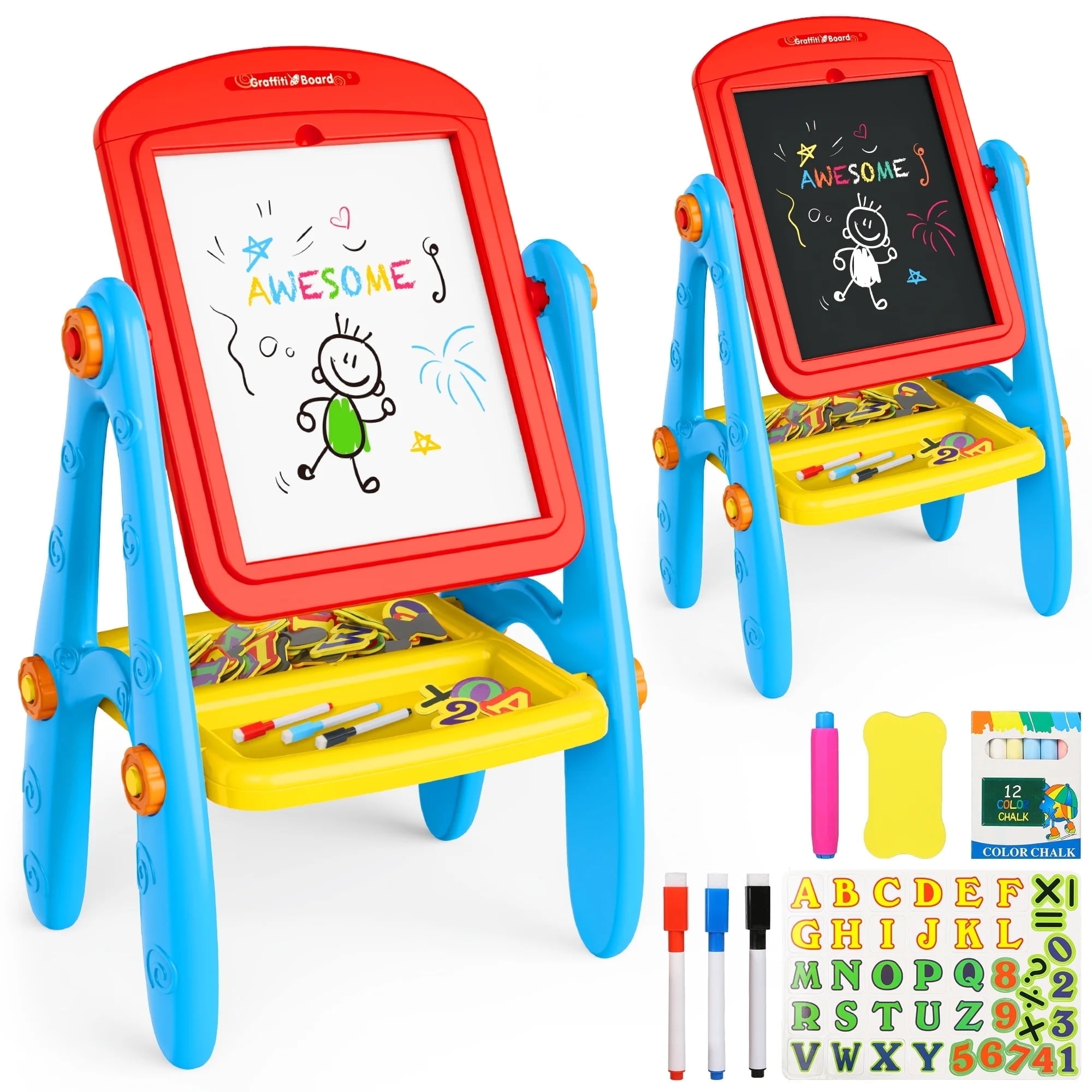 Freecat Easel for Kids, Double Sided Toddlers Art Easel with Magnetic White Board & Chalk Blackboard, Christmas Birthday Gift for Boys and Girls Age 2 3 4 5 6