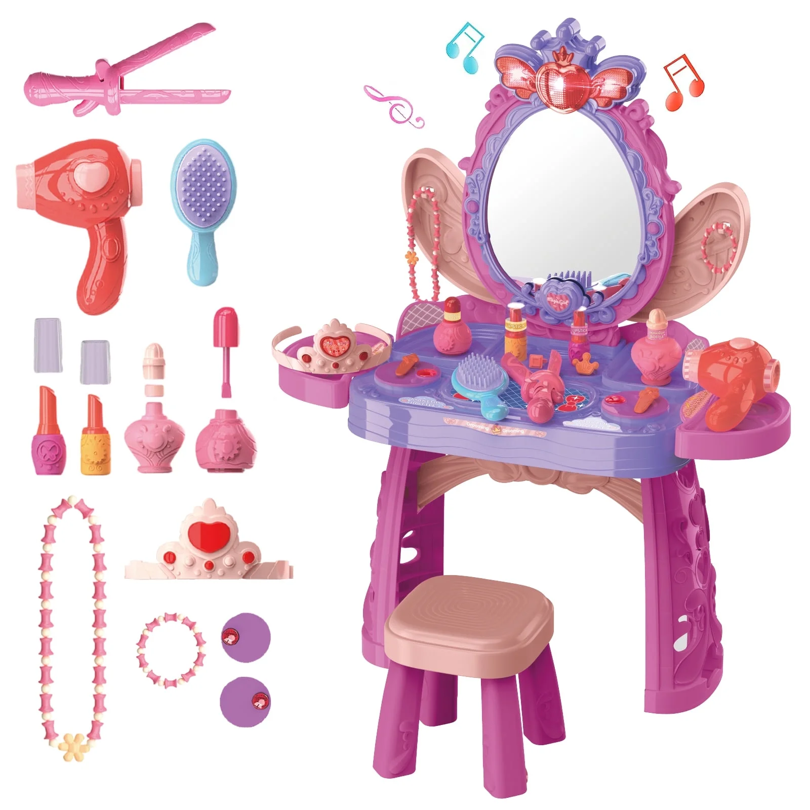 Freecat Kids Makeup Vanity Set With Mirror And Stool, Toys for 3-6 Years Old Girls Pretend Play & Dress Up Toy, Toddler Vanity Table Set With Light And Music Sound, Birthday Gift.