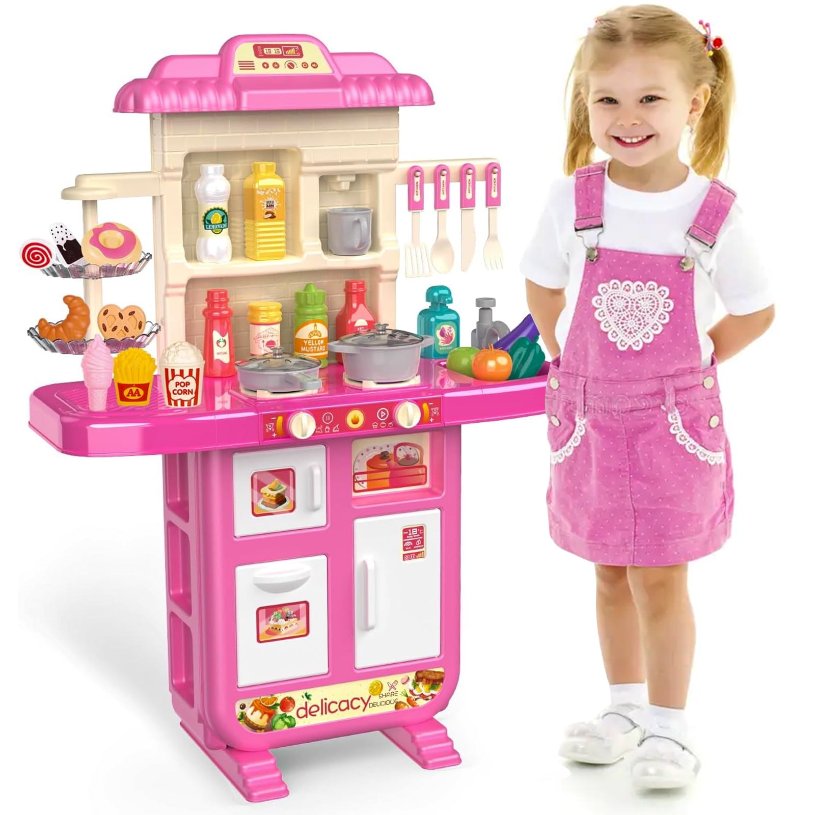 Freecat Play Kitchen Set, Toys for Girl Ages 2-4 Years, Kitchen Accessories with Light and Sound, Kids Kitchen Gifts for Girls 2 3 4 Years.(36" x 24" x 11")