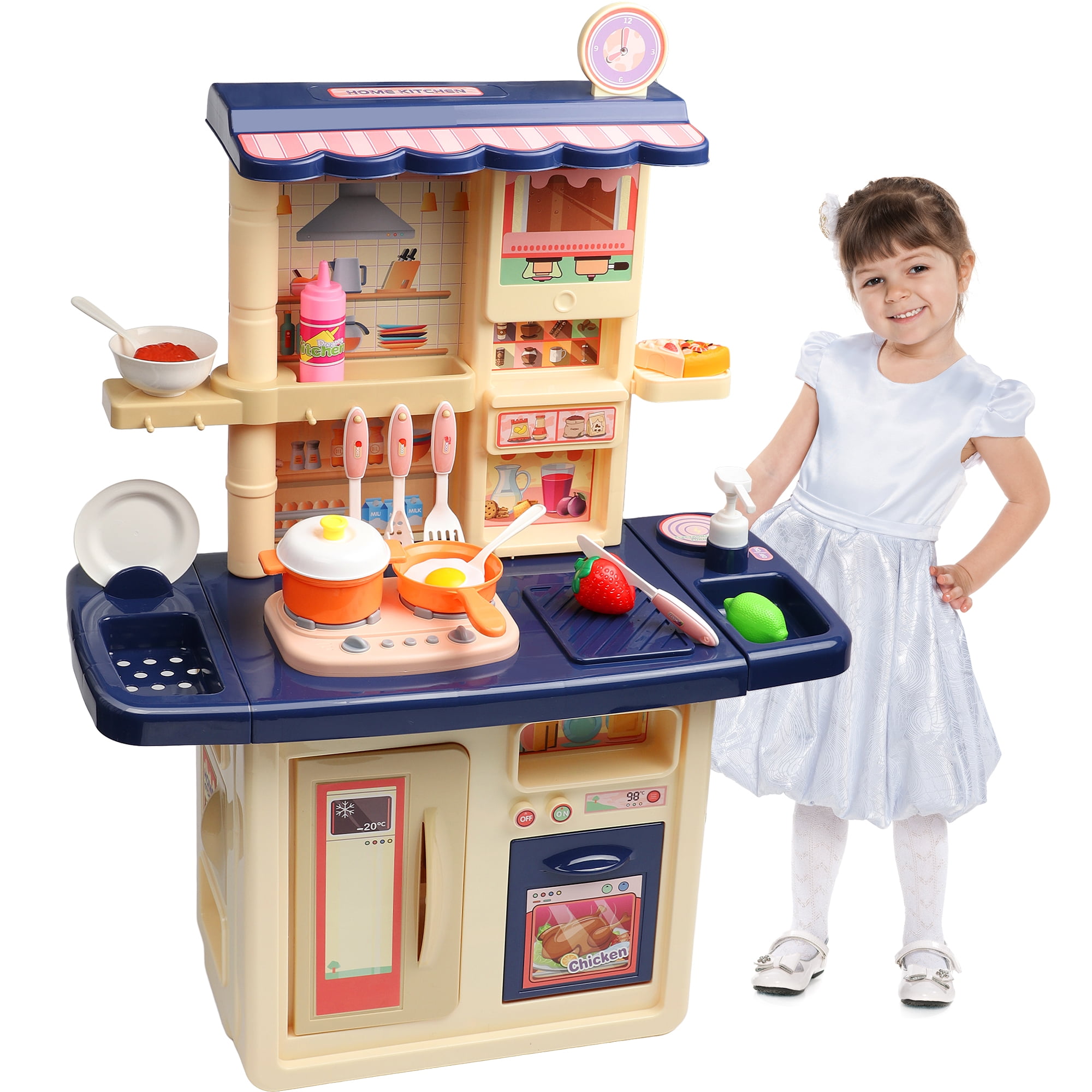 Freecat 34 inch Blue Toddler Play Kitchen Set, Pretend Play Kitchen Accessories w/ Realistic Lights and Sounds, Ideal Christmas Gift for Boys and Girls Ages 2 3 4 5 6+