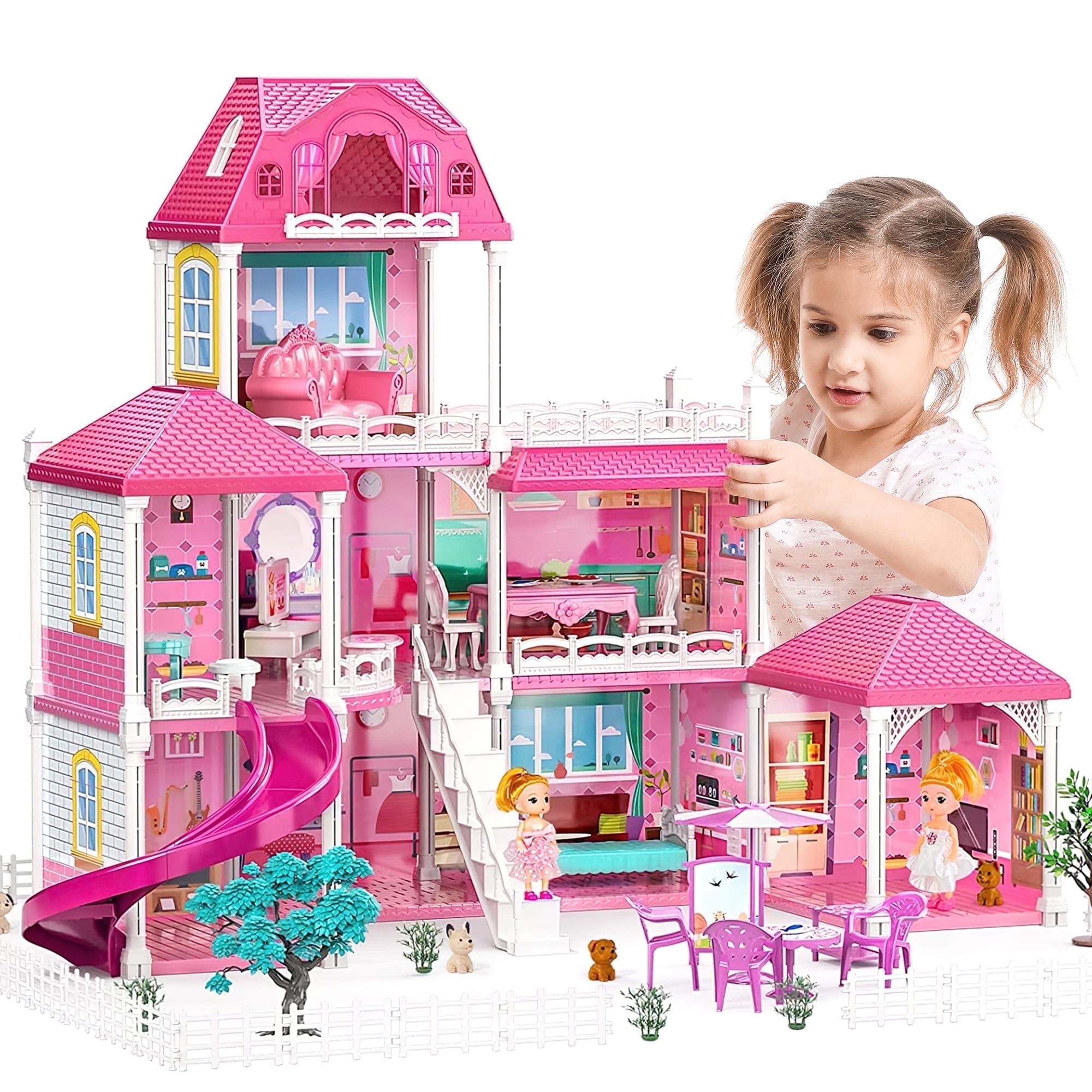 Freecat 8 Rooms 24.8'' Dollhouse for Girls, Dolls Funiture with Slide&Stairs, Pink DIY Rooms Playset Christmas Birthday Gift Toys for Girls 3 4 5 6+