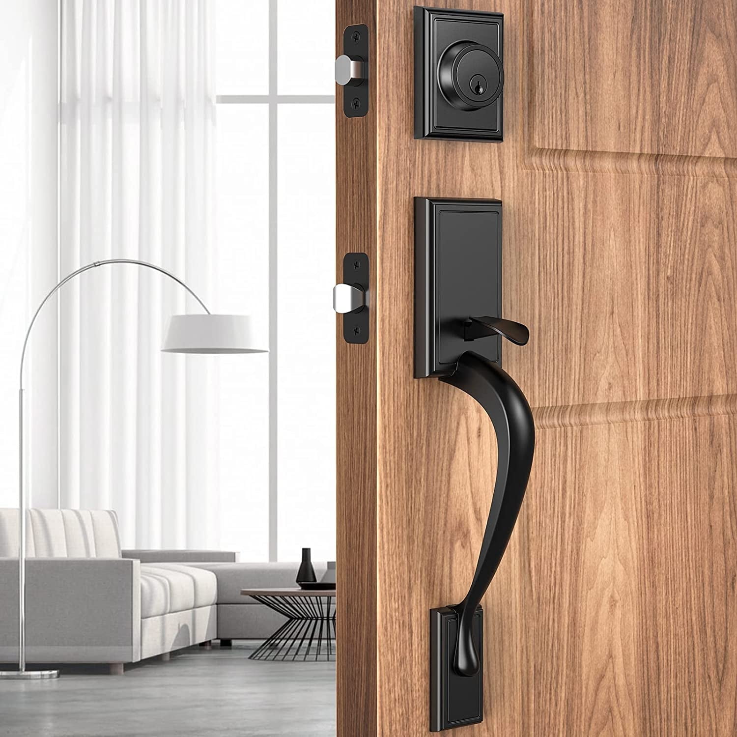 Brightify, Matte Black Front Door Handle Sets with Deadbolt Single Cylinder Reversible