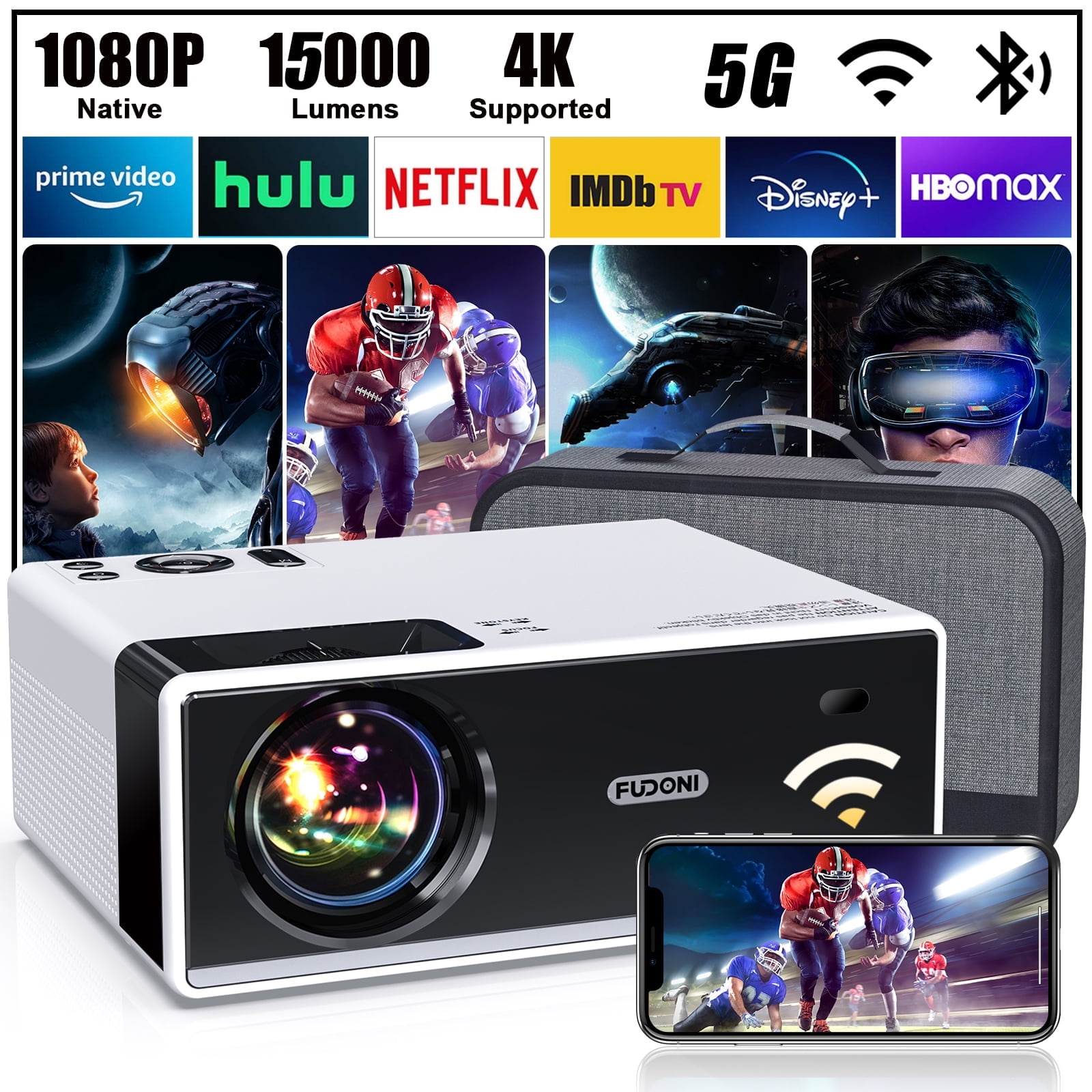FUDONI 4K Support Native 1080P Outdoor Movie Projector, 300'' Display Home Theater Projector Compatible
