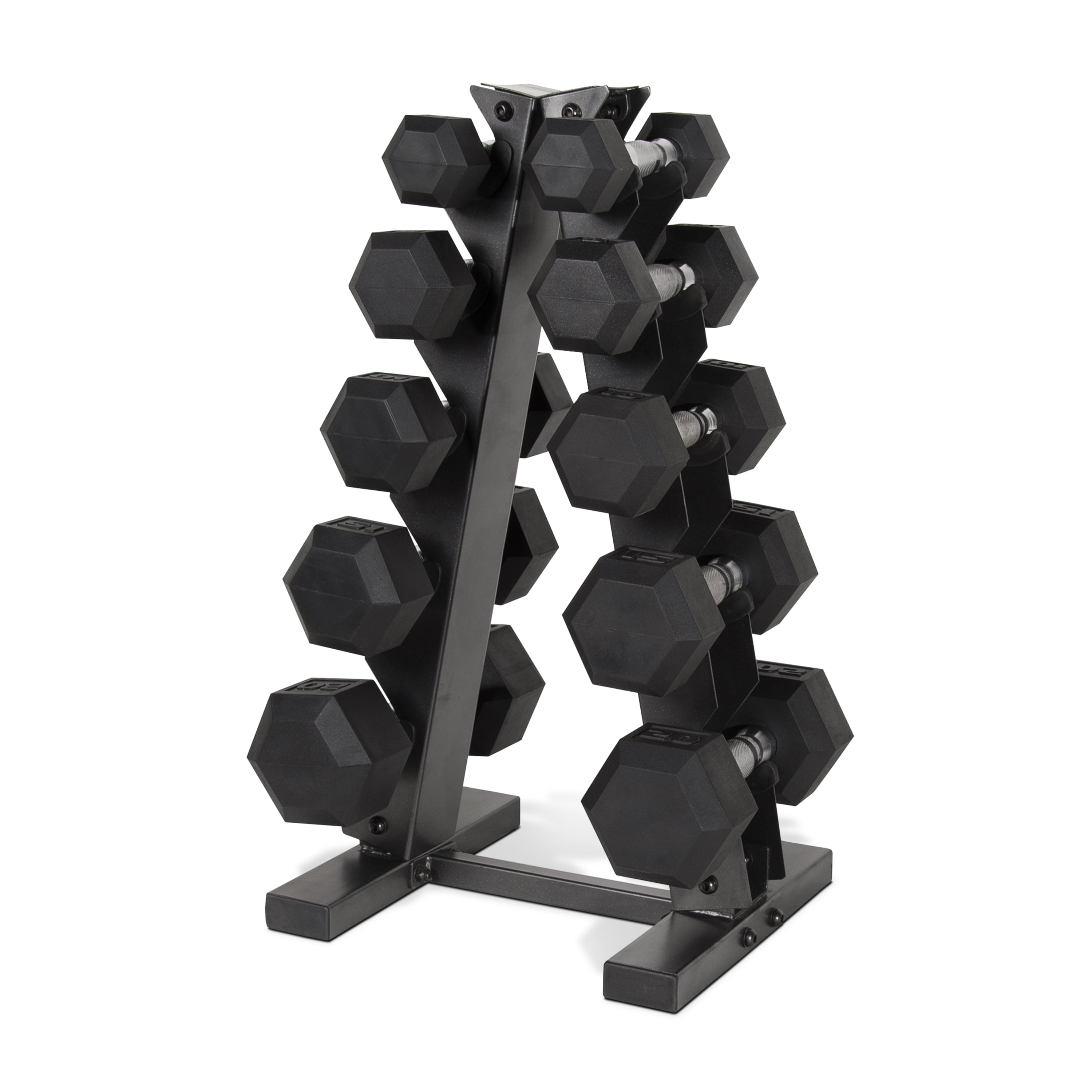 Fuel Pureformance by CAP 150 lb Coated Rubber Hex Dumbbell Weight Set with A-Frame Rack, Black