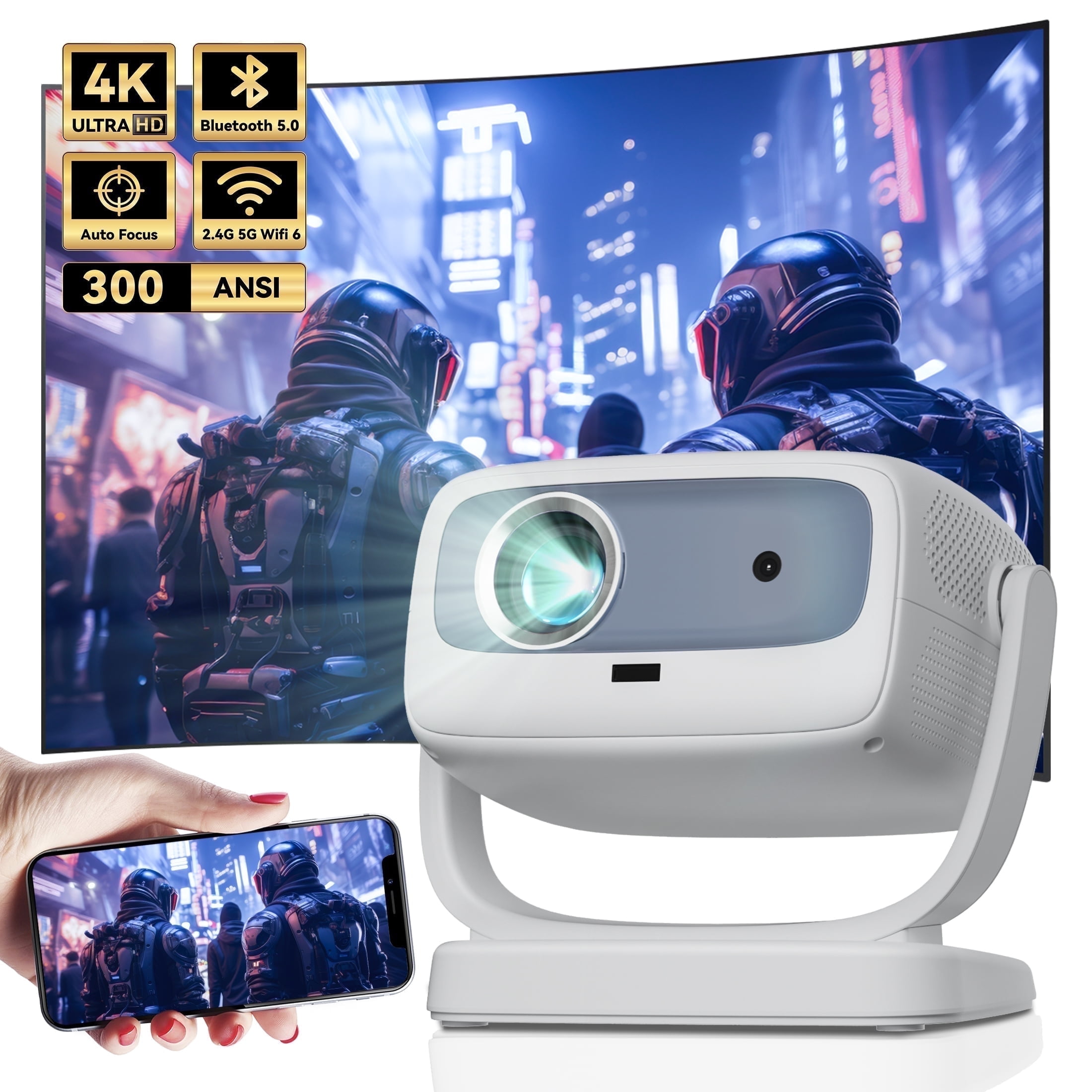 Fulencu Projector 4K 1080P Support, Projector Smart for Movie Projection Compatible with Phone- White