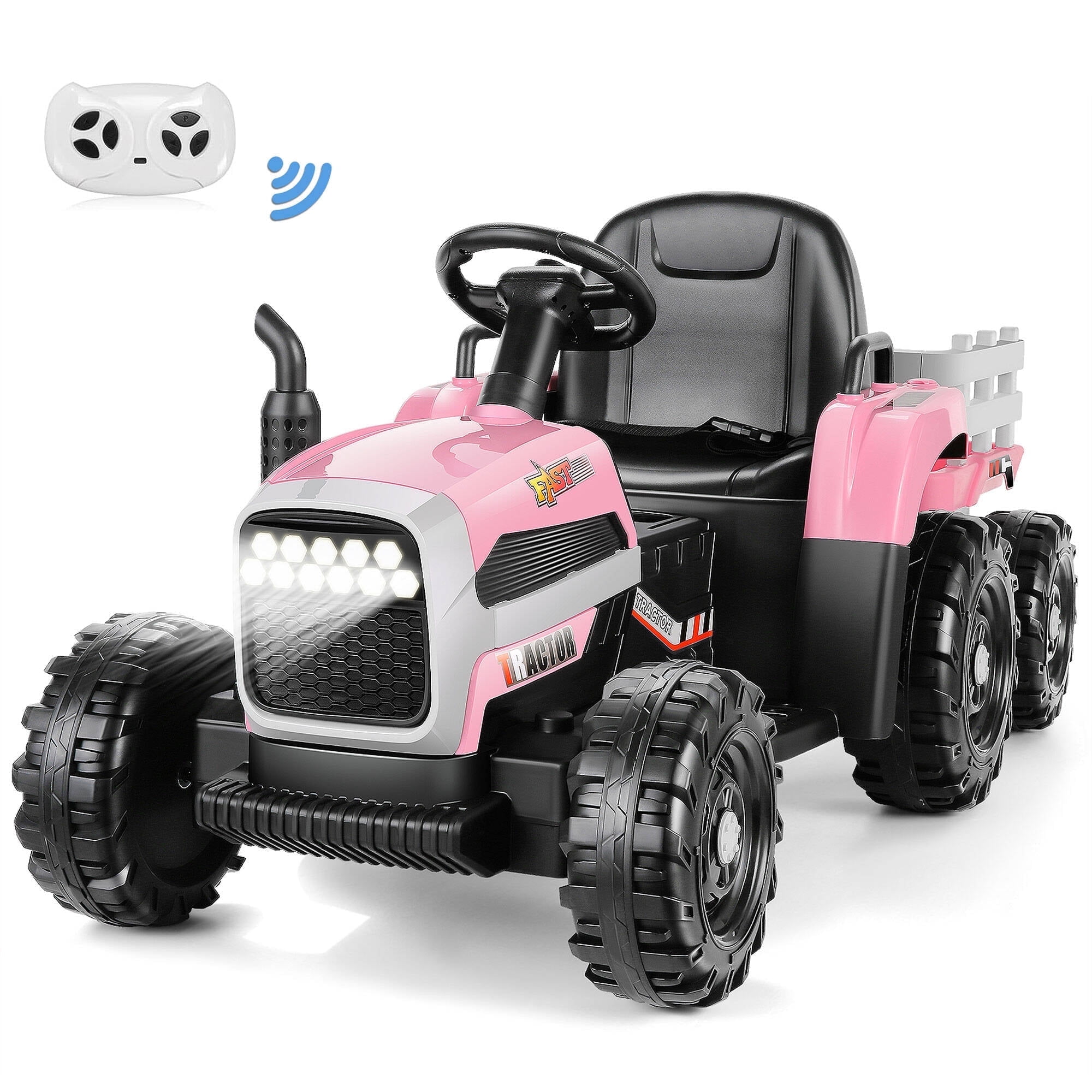 VIBESPARK 12V Kids Ride on Tractor with Trailer 7AH Battery Powered Tractor Electric Car for Toddler, Ride on Toys Motorized Vehicle with Parents Remote Control, Bluetooth, 11-LED Lights, Pink