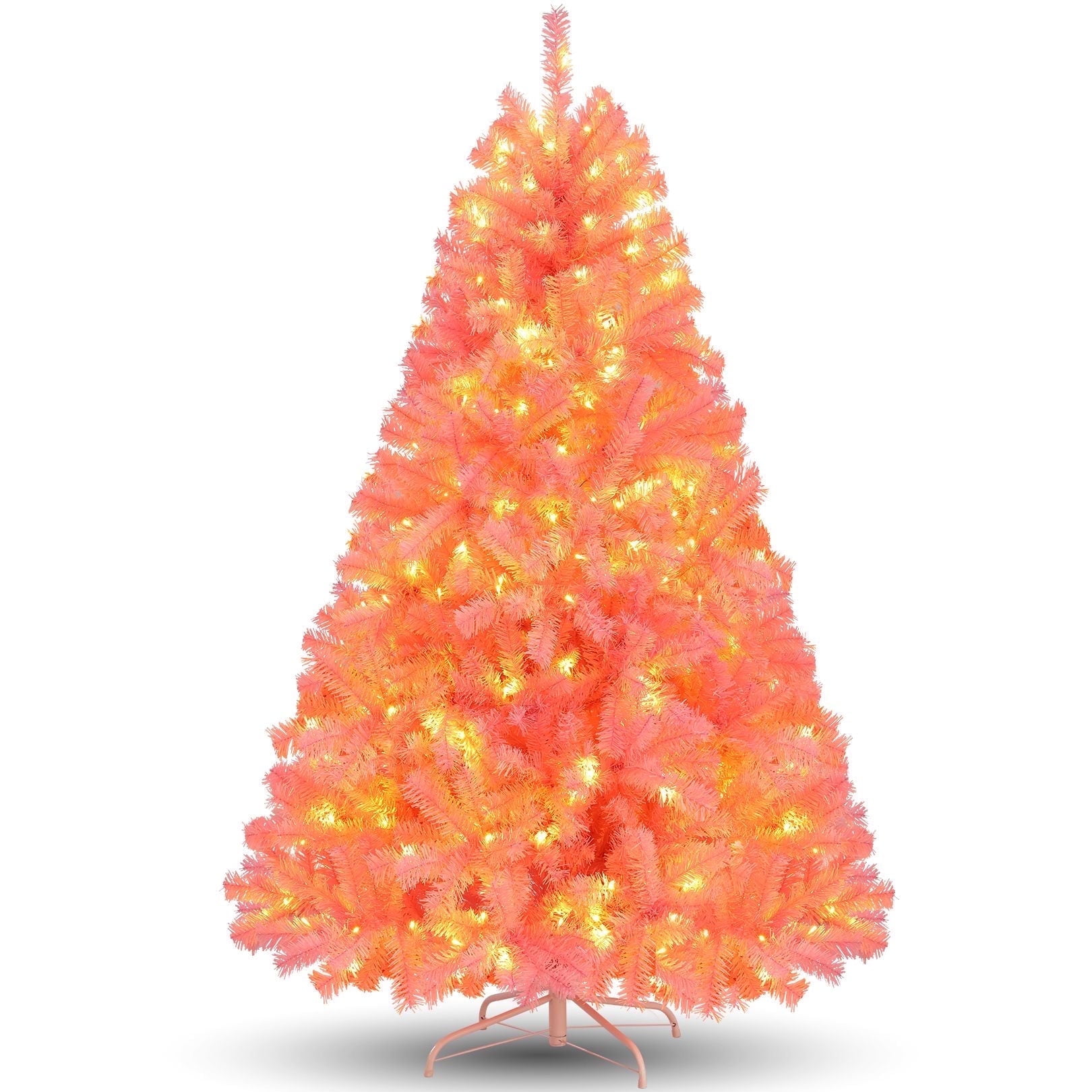 Funcid 6ft Pink Artificial Christmas Tree, Hinged Spruce Full Tree with 1,477 Branch Tips, 250 Incandescent Lights, Foldable Metal Stand, PVC Material, Xmas Tree for Indoor and Outdoor Decoration