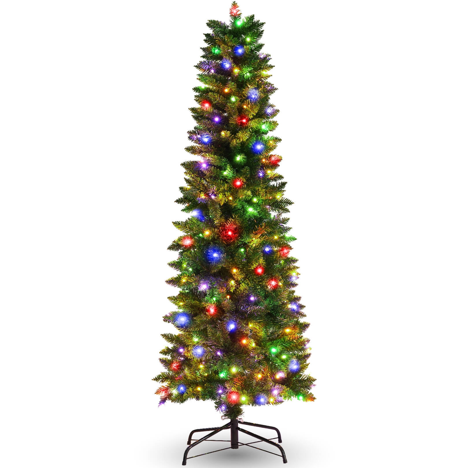 Funcid 6ft Pre-Lit Artificial Hinged Slim Pencil Christmas Tree with 250 Multi-Color Lights, 972 Branch Tips, Metal Hinges & Foldable Base, Green