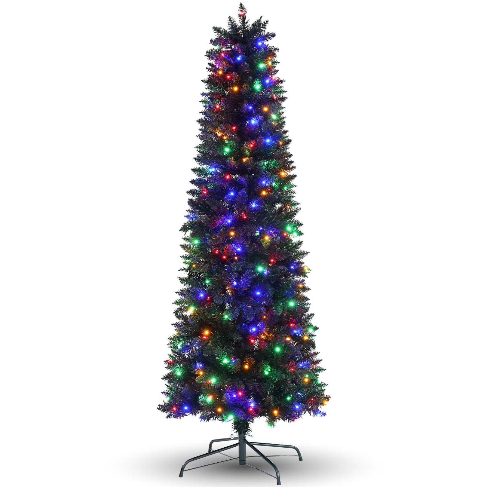 Funcid 6ft Pre-Lit Black Pencil Christmas Tree, Slim Artificial Christmas Tree w/ 250 Multicolored Lights, 972 PVC Branch Tips and Metal Base, Hinged Slim Xmas Pine Tree for Holiday Party Decoration